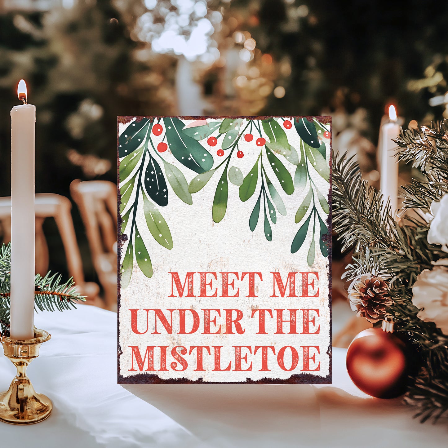 15in Christmas Table Decor | Holiday “Meet Me Under the Mistletoe” Tabletop Decoration | Wooden Indoor Decor