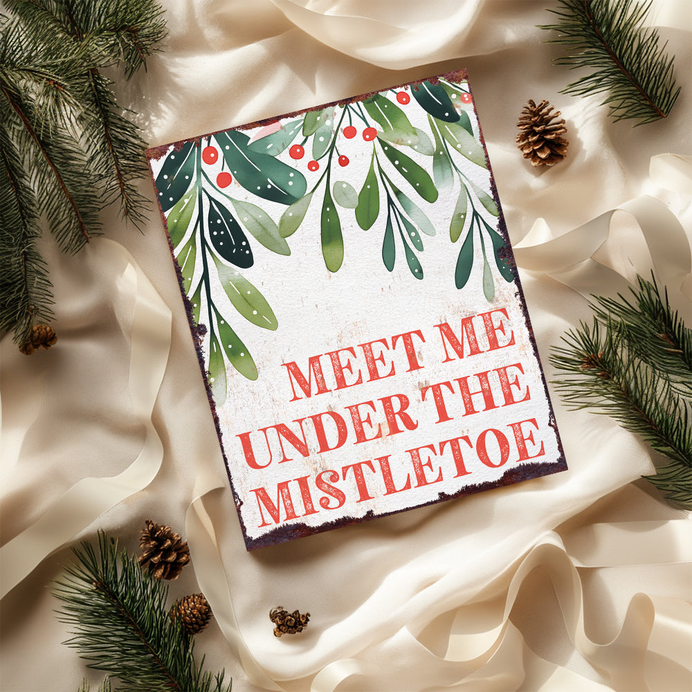 15in Christmas Table Decor | Holiday “Meet Me Under the Mistletoe” Tabletop Decoration | Wooden Indoor Decor