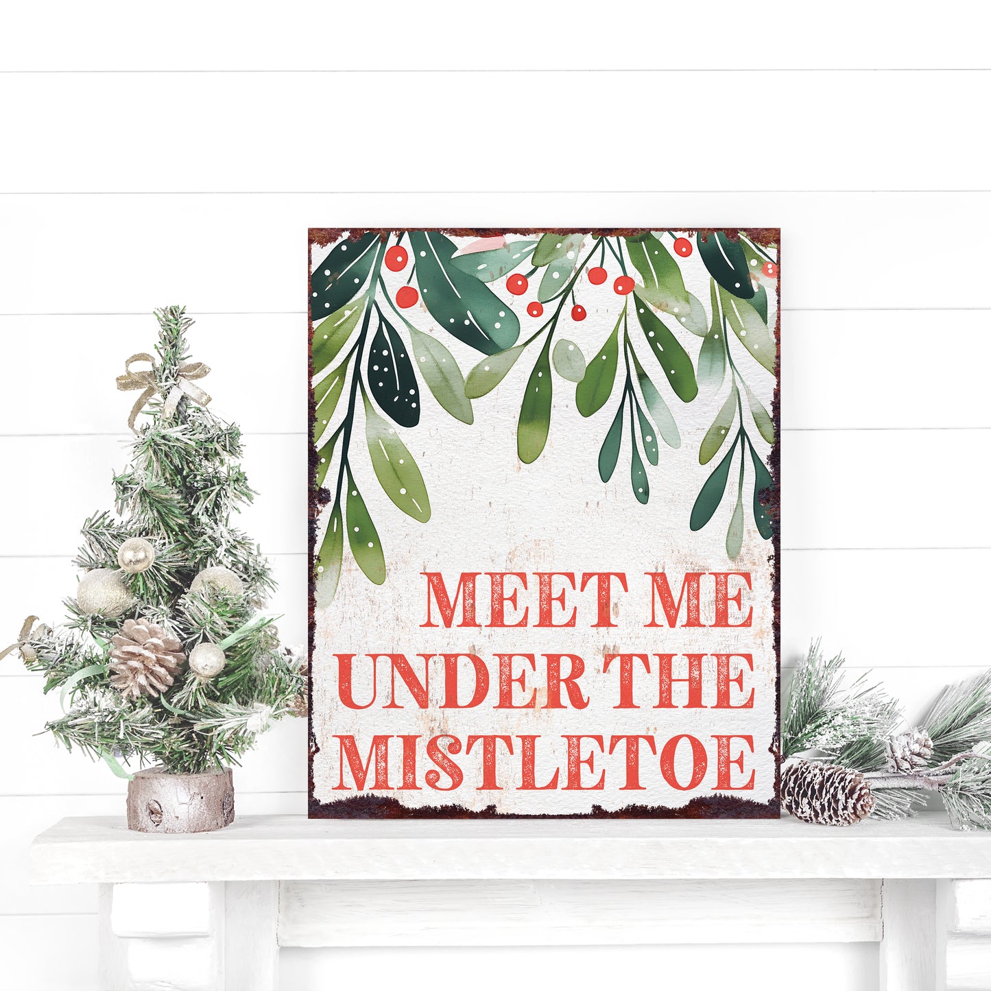 15in Christmas Table Decor | Holiday “Meet Me Under the Mistletoe” Tabletop Decoration | Wooden Indoor Decor