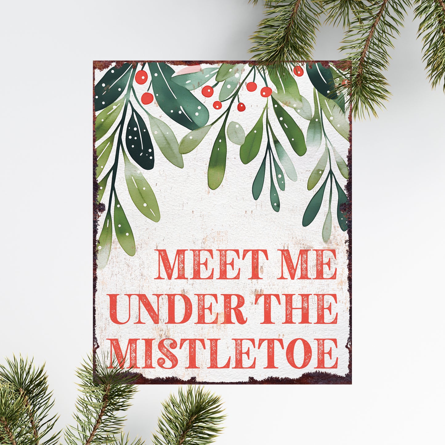 15in Christmas Table Decor | Holiday “Meet Me Under the Mistletoe” Tabletop Decoration | Wooden Indoor Decor