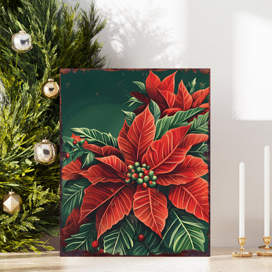 15in Christmas Table Decor | Vintage Poinsettia Flowers Tabletop Decoration | Wooden Indoor Party Decor | 15x12in