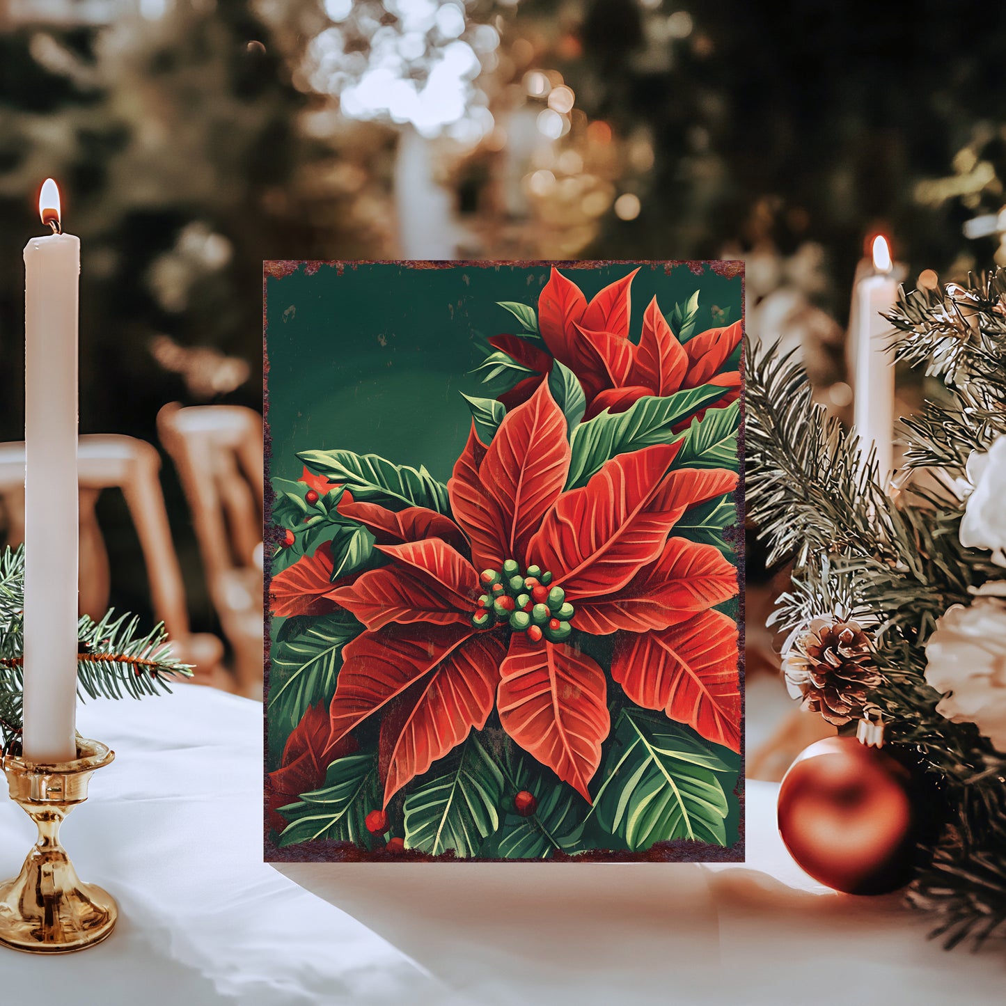 15in Christmas Table Decor | Vintage Poinsettia Flowers Tabletop Decoration | Wooden Indoor Party Decor | 15x12in