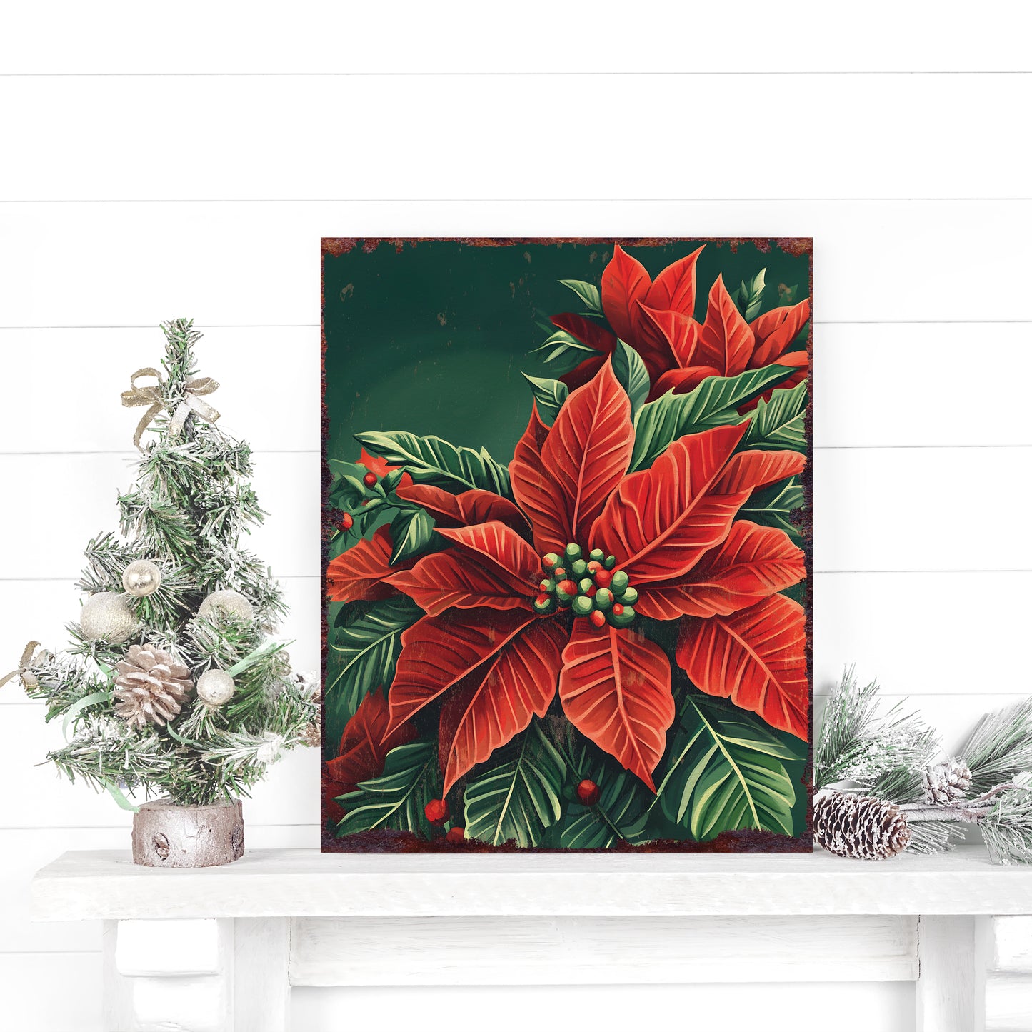 15in Christmas Table Decor | Vintage Poinsettia Flowers Tabletop Decoration | Wooden Indoor Party Decor | 15x12in