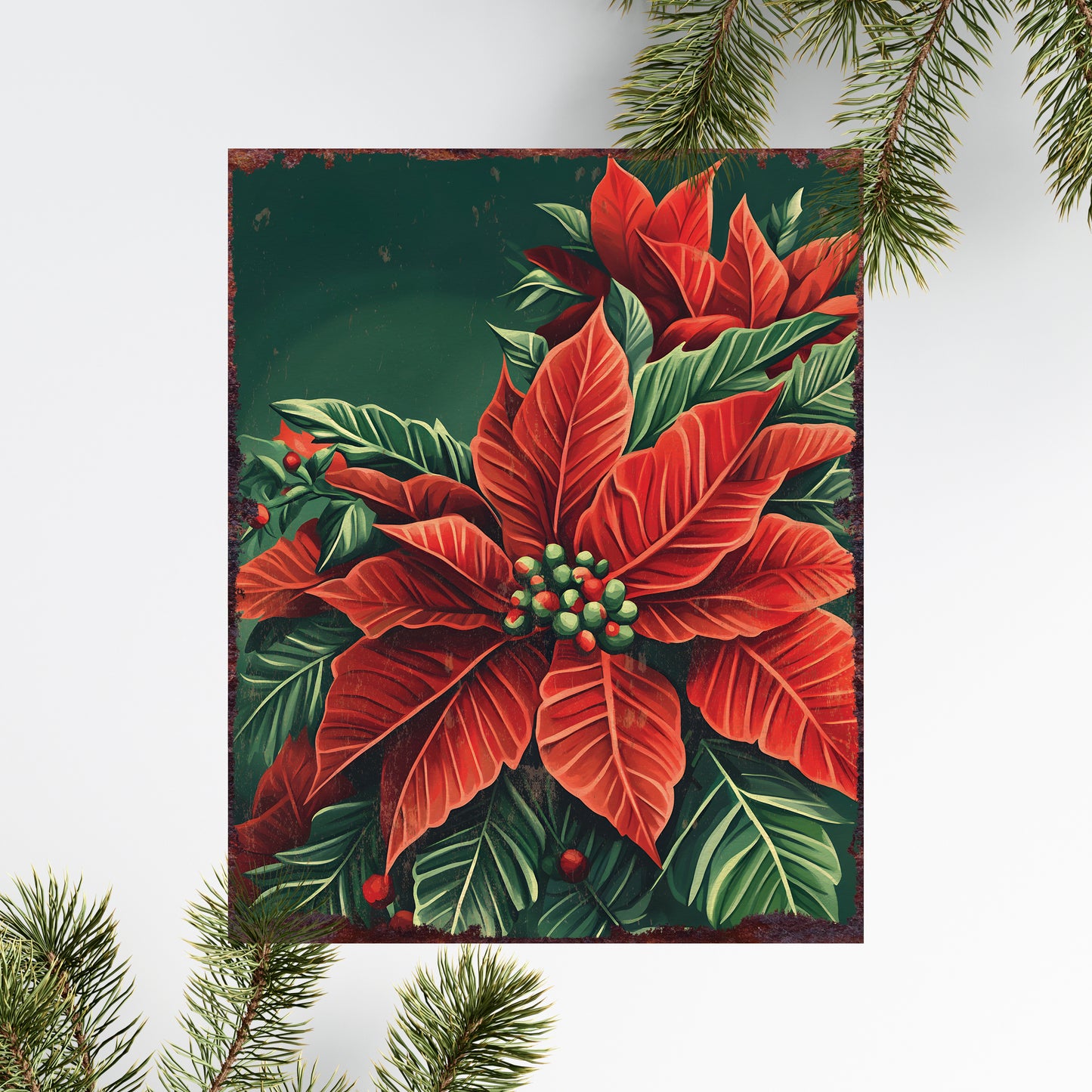 15in Christmas Table Decor | Vintage Poinsettia Flowers Tabletop Decoration | Wooden Indoor Party Decor | 15x12in