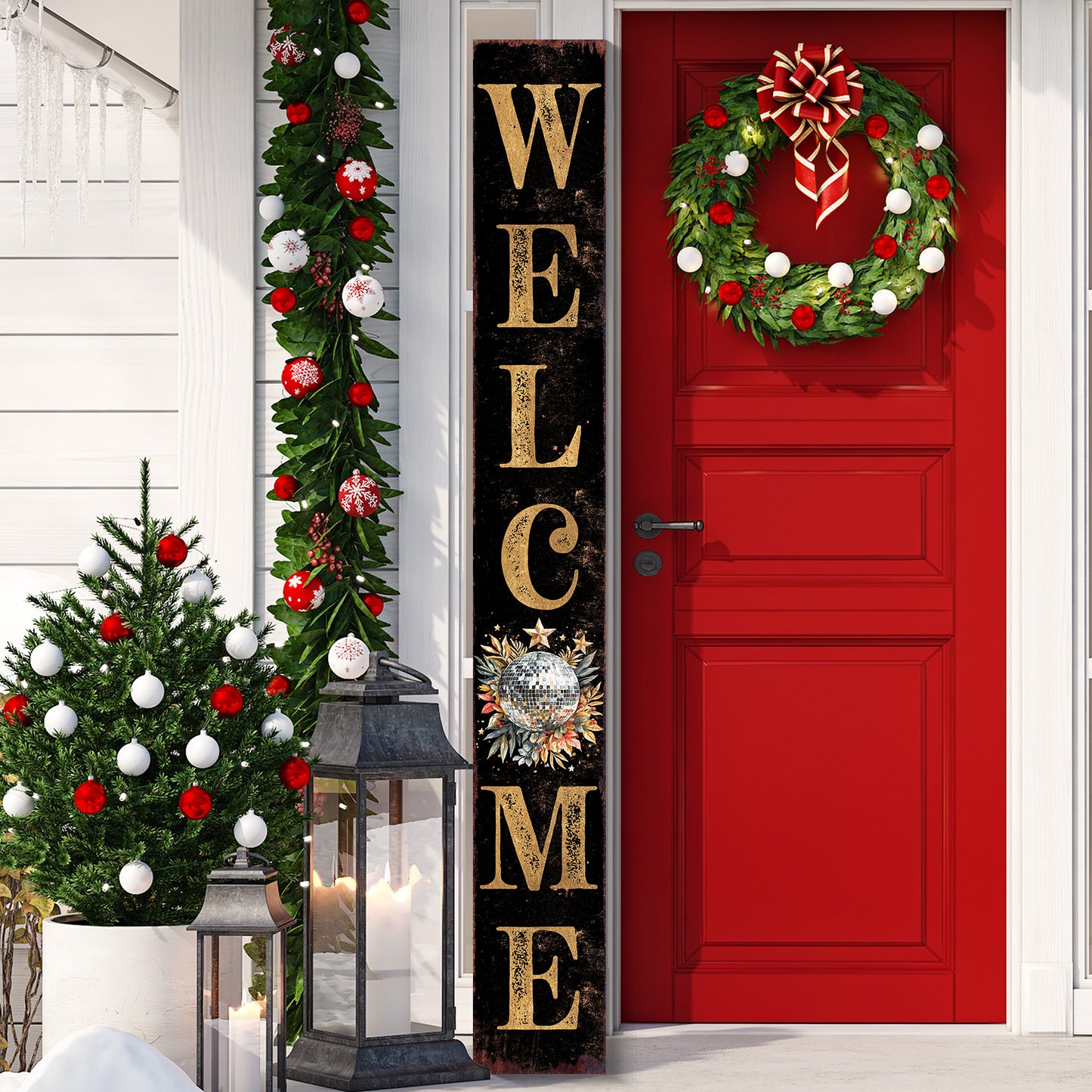 72in Christmas Porch Sign | Holiday Disco Ball Front Door Decoration | Foldable Entryway Decor | 72in x 9.25in