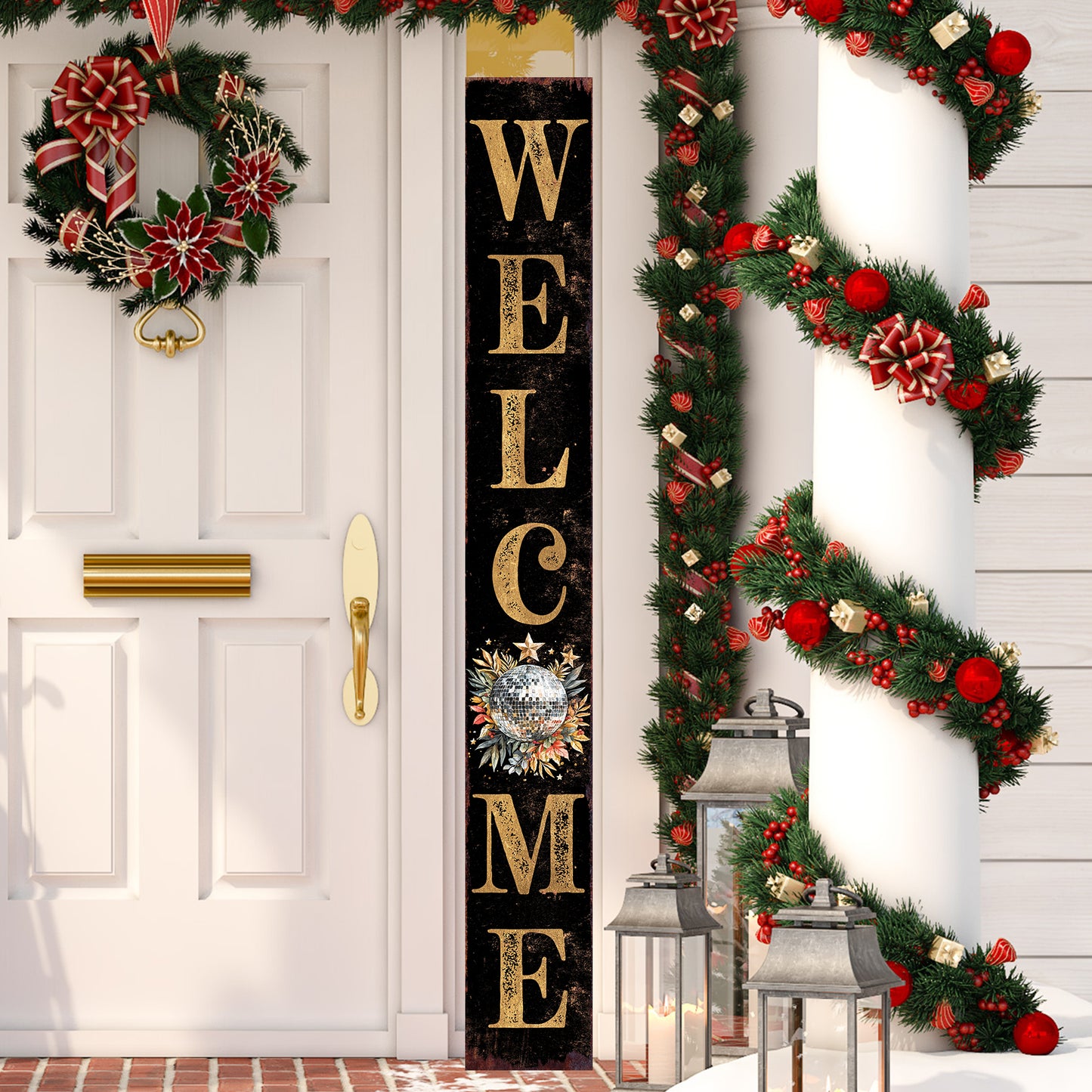 72in Christmas Porch Sign | Holiday Disco Ball Front Door Decoration | Foldable Entryway Decor | 72in x 9.25in