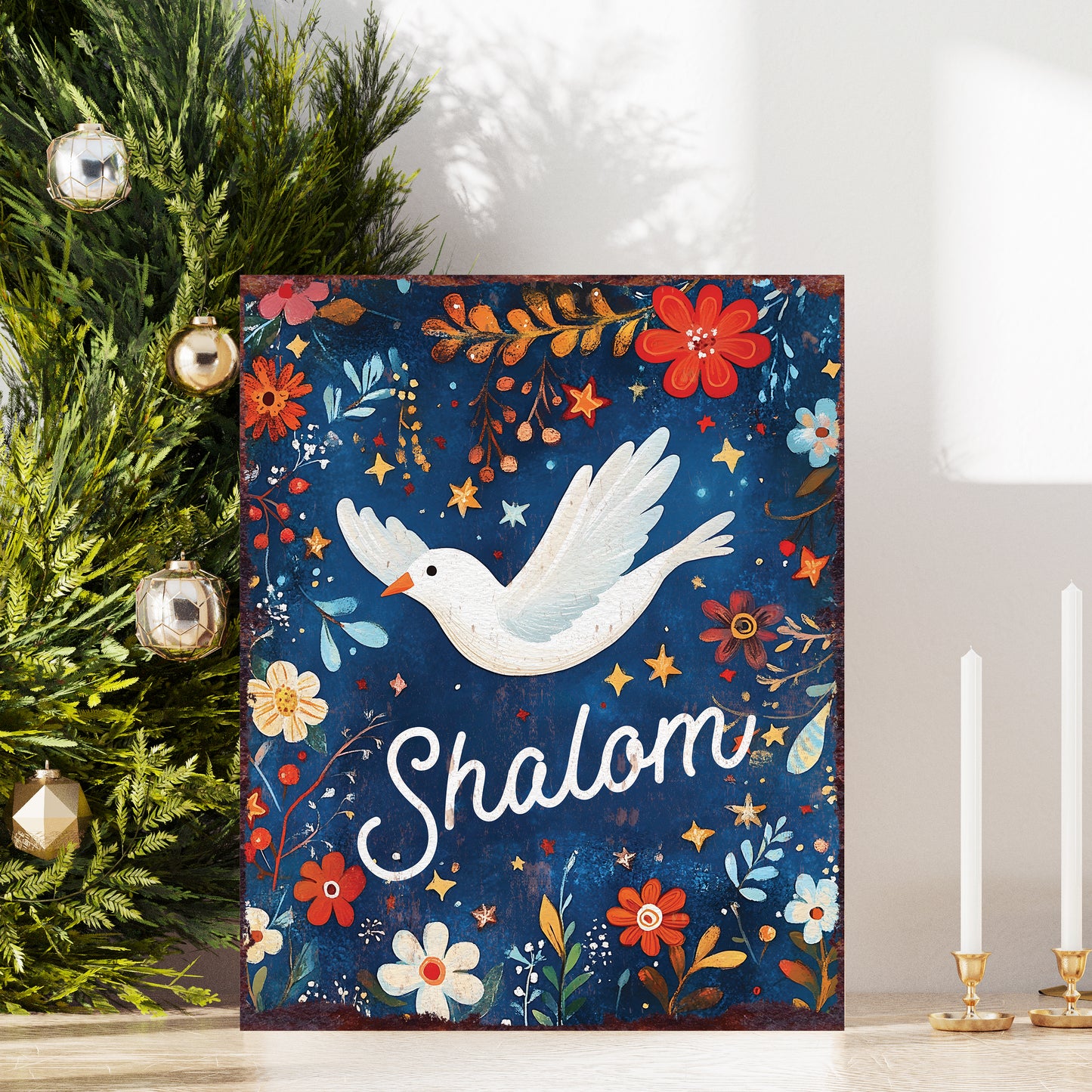 15in Hanukkah Table Decor | Vintage “Shalom” Tabletop Decoration | Colorful Indoor Party Decor | 15x12in