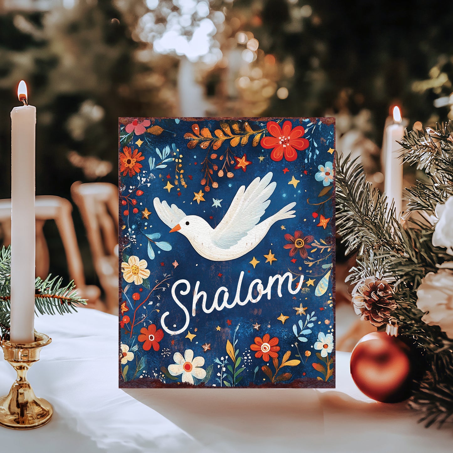 15in Hanukkah Table Decor | Vintage “Shalom” Tabletop Decoration | Colorful Indoor Party Decor | 15x12in