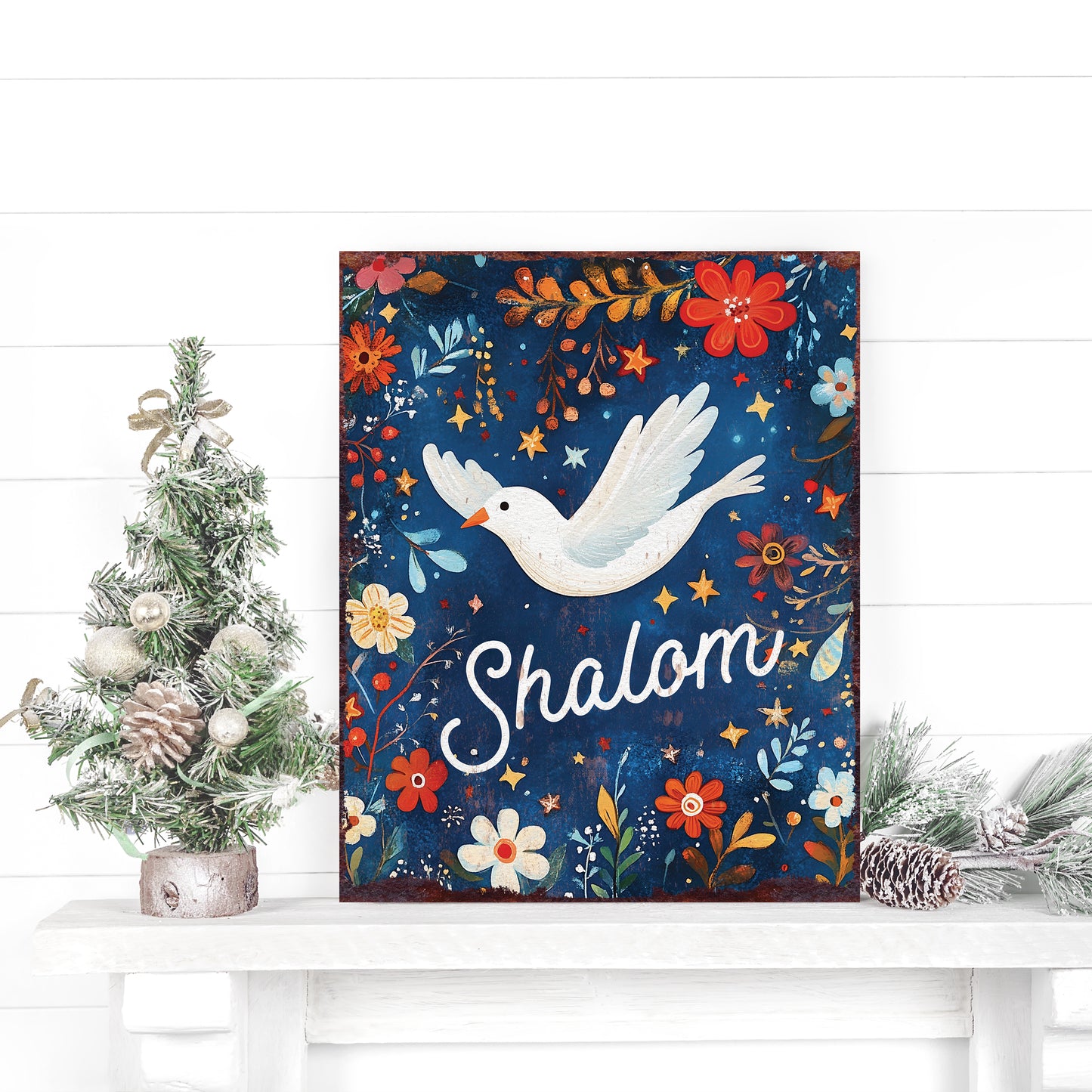 15in Hanukkah Table Decor | Vintage “Shalom” Tabletop Decoration | Colorful Indoor Party Decor | 15x12in