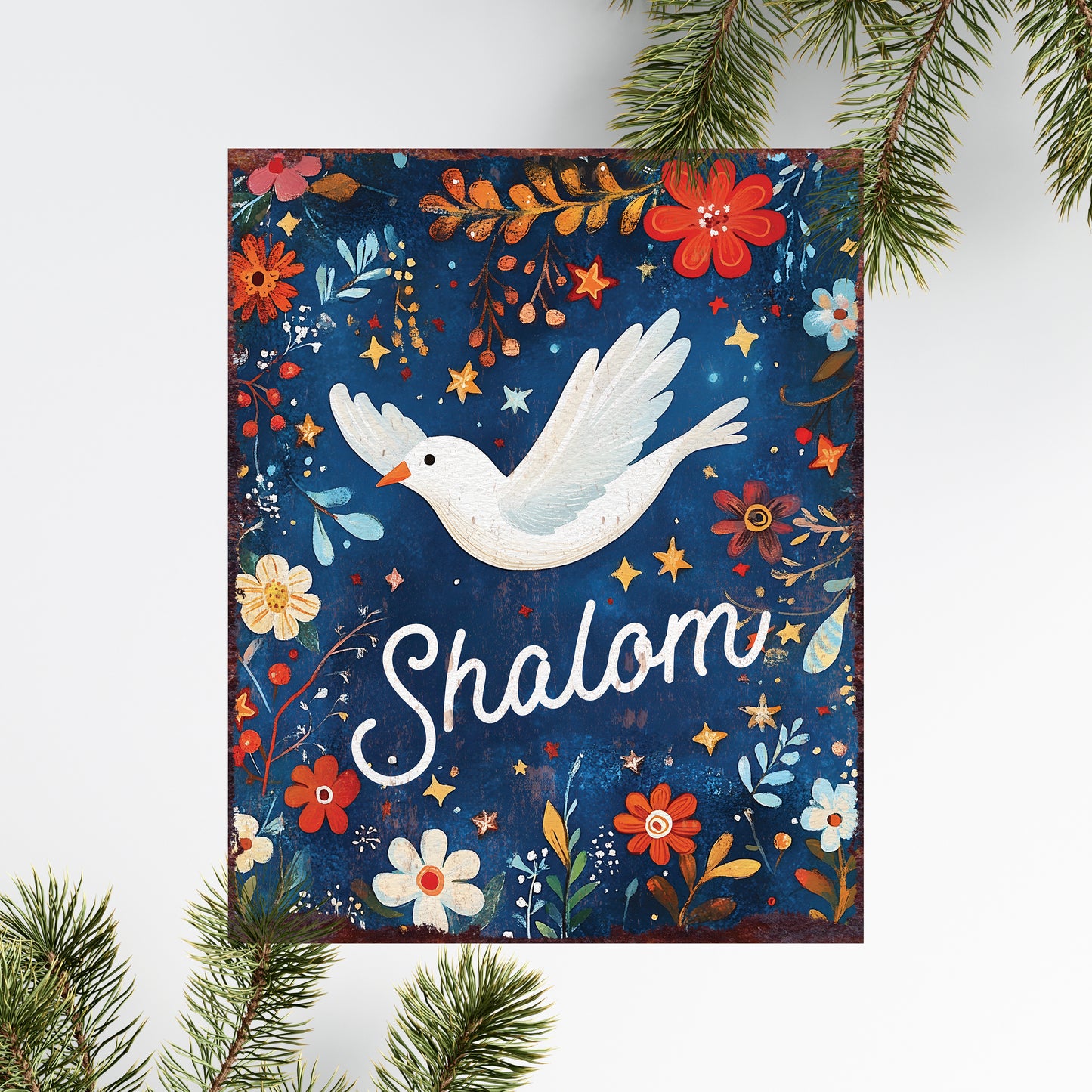 15in Hanukkah Table Decor | Vintage “Shalom” Tabletop Decoration | Colorful Indoor Party Decor | 15x12in