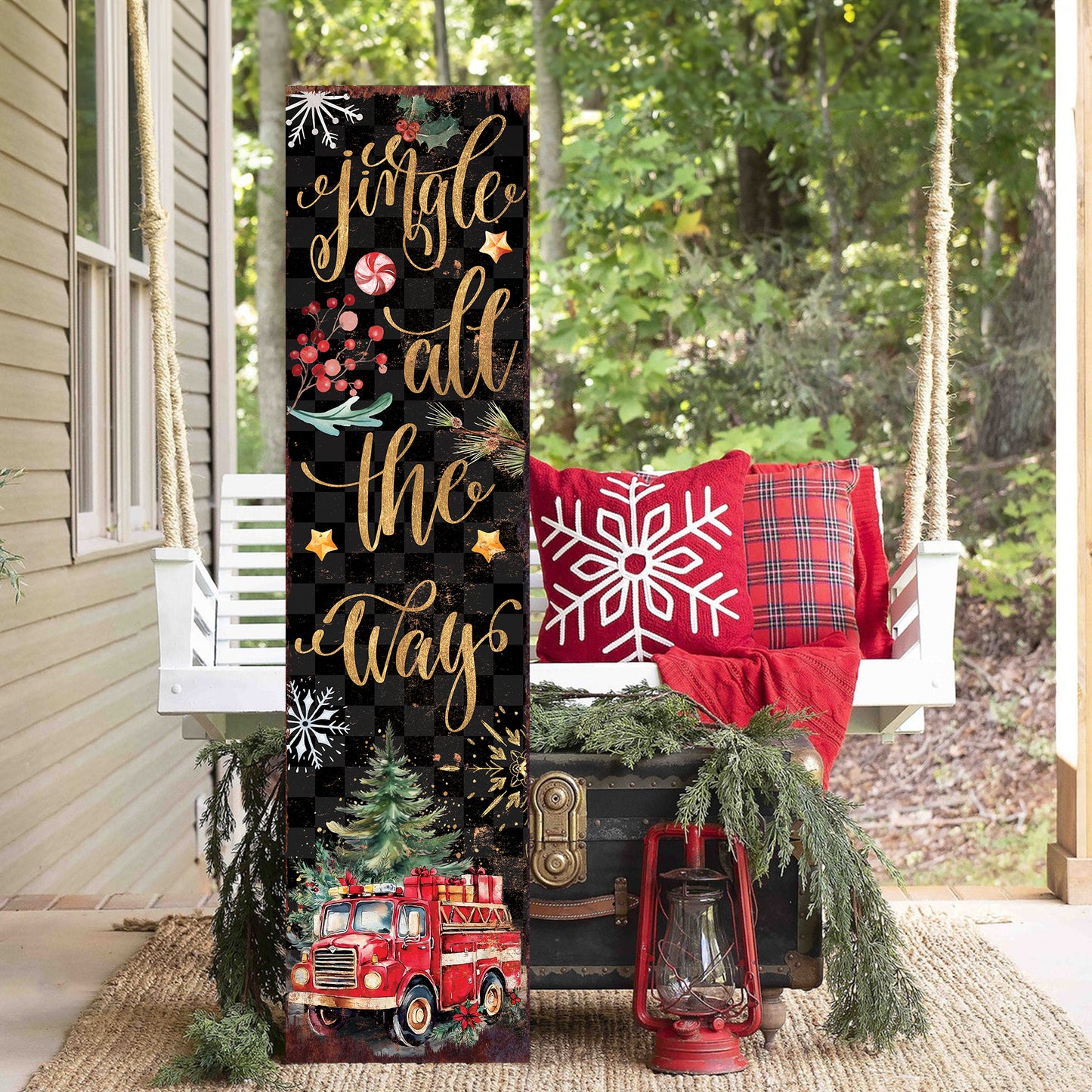 Jingle All the Way Christmas Porch Sign | Firefighter Edition | Front Porch Decor | Holiday Entryway Sign