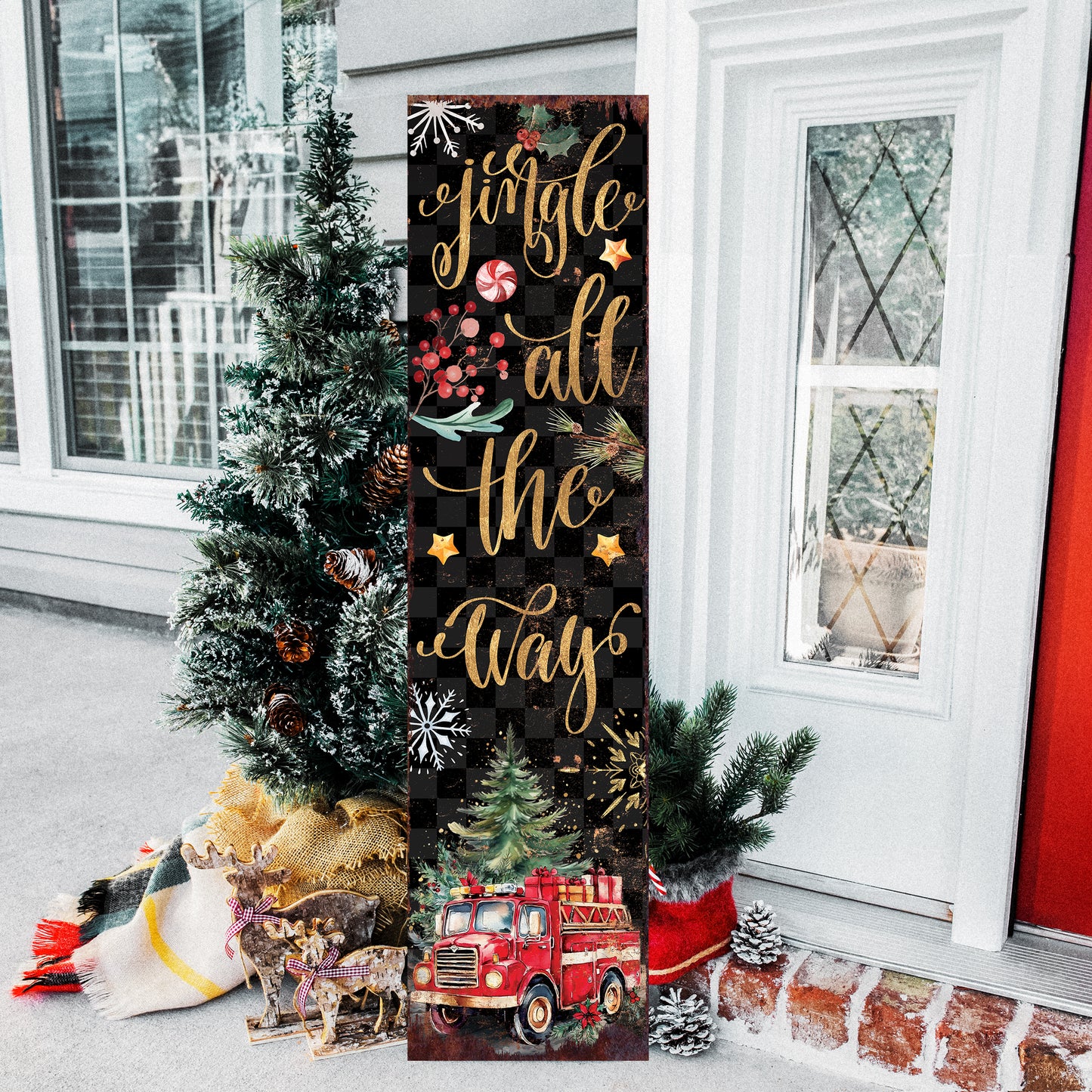 Jingle All the Way Christmas Porch Sign | Firefighter Edition | Front Porch Decor | Holiday Entryway Sign