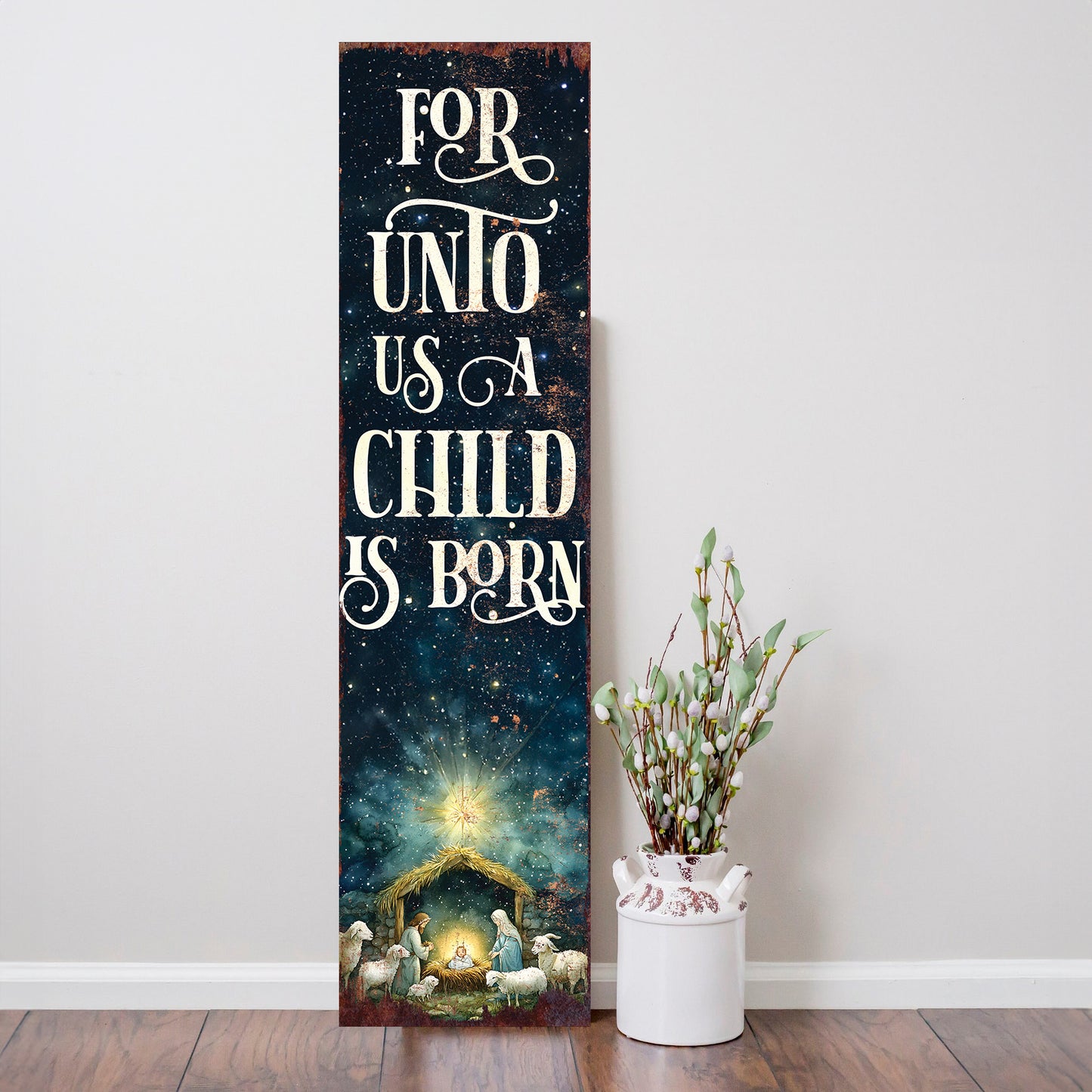 For Unto Us a Child is Born Religious Porch Sign | Christmas Front Porch Decor | Entryway Nativity Sign