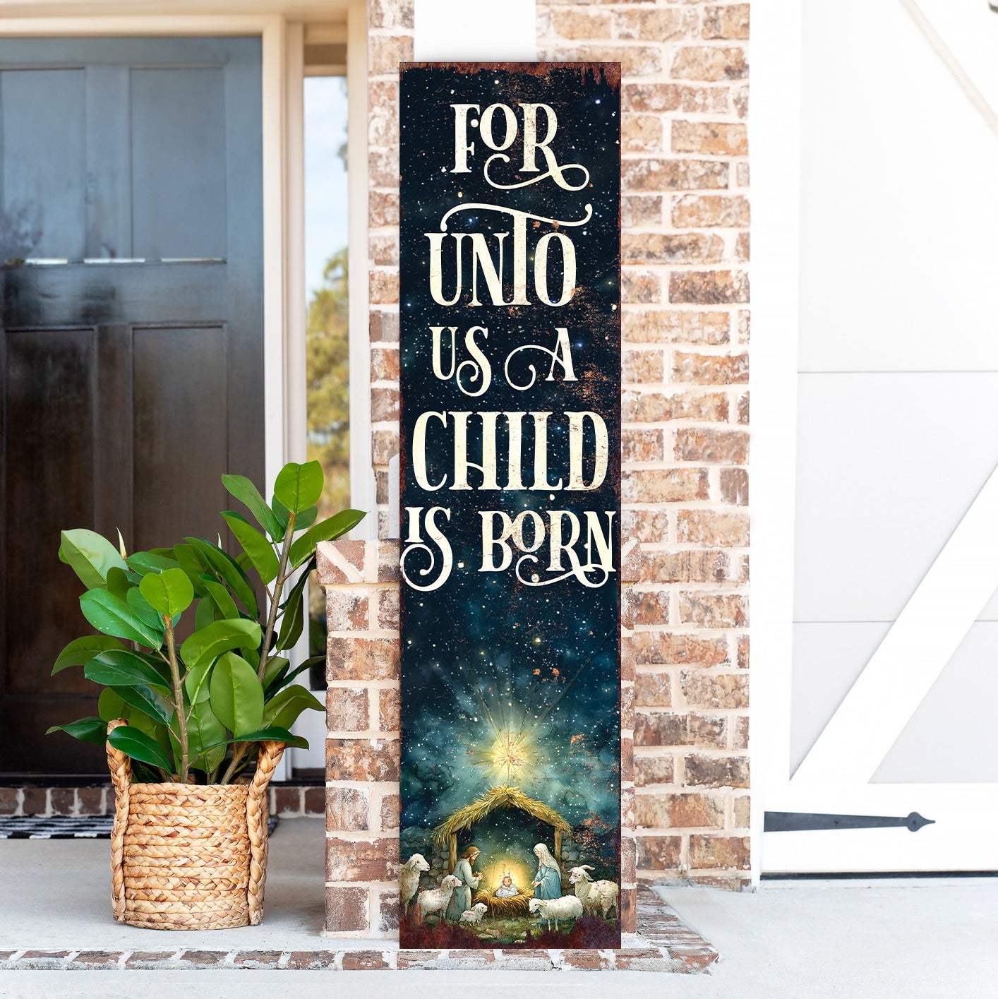 For Unto Us a Child is Born Religious Porch Sign | Christmas Front Porch Decor | Entryway Nativity Sign