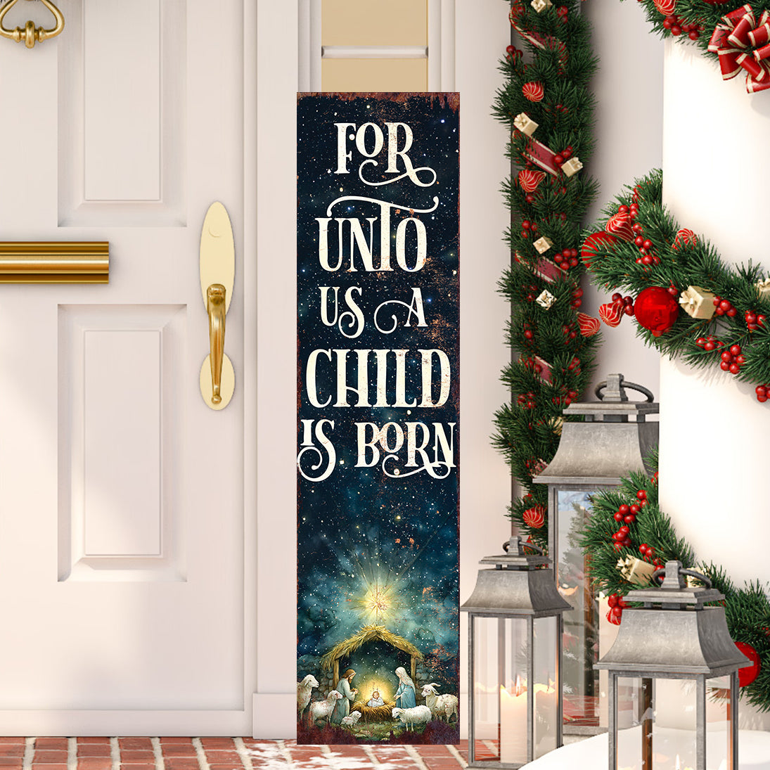 For Unto Us a Child is Born Religious Porch Sign | Christmas Front Porch Decor | Entryway Nativity Sign