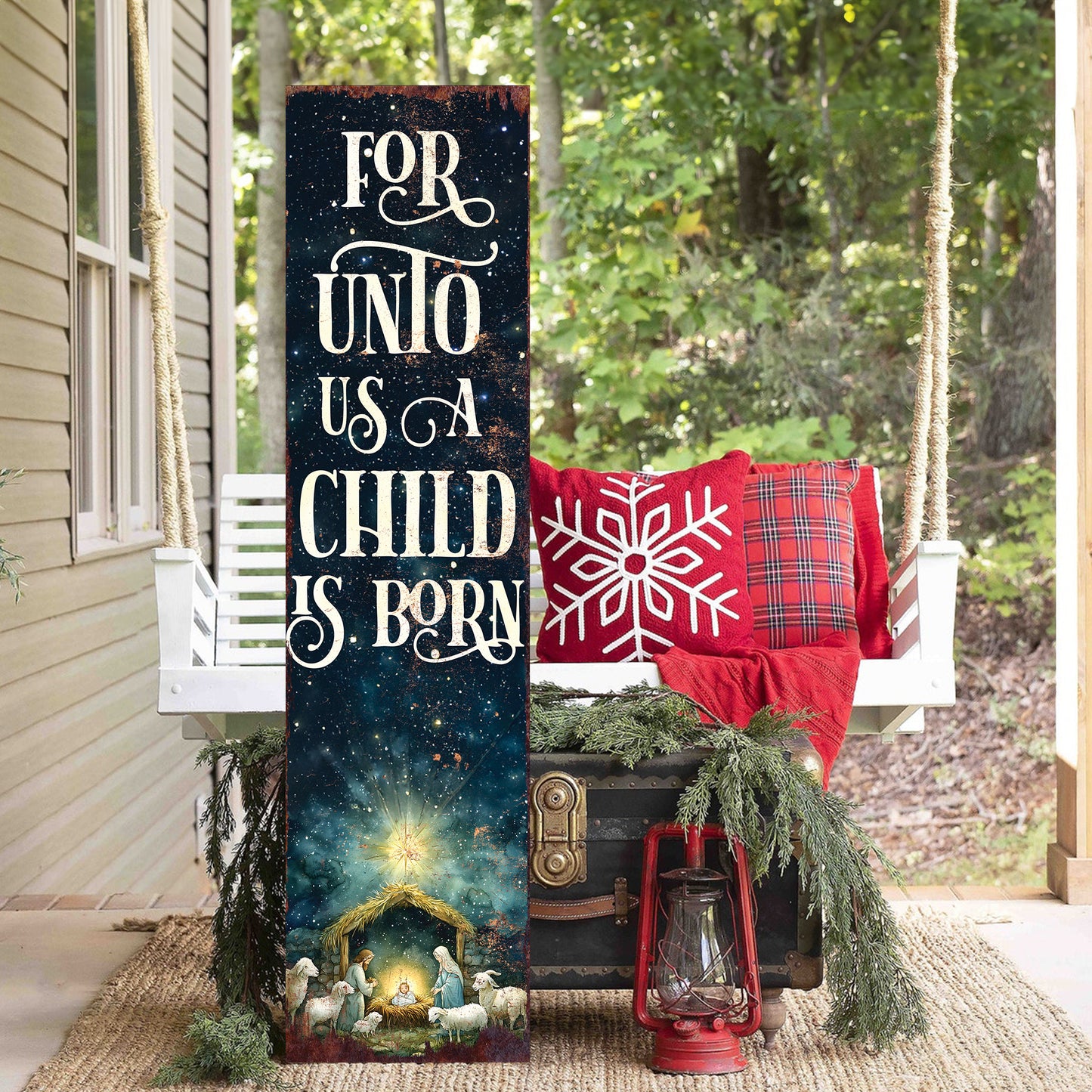 For Unto Us a Child is Born Religious Porch Sign | Christmas Front Porch Decor | Entryway Nativity Sign