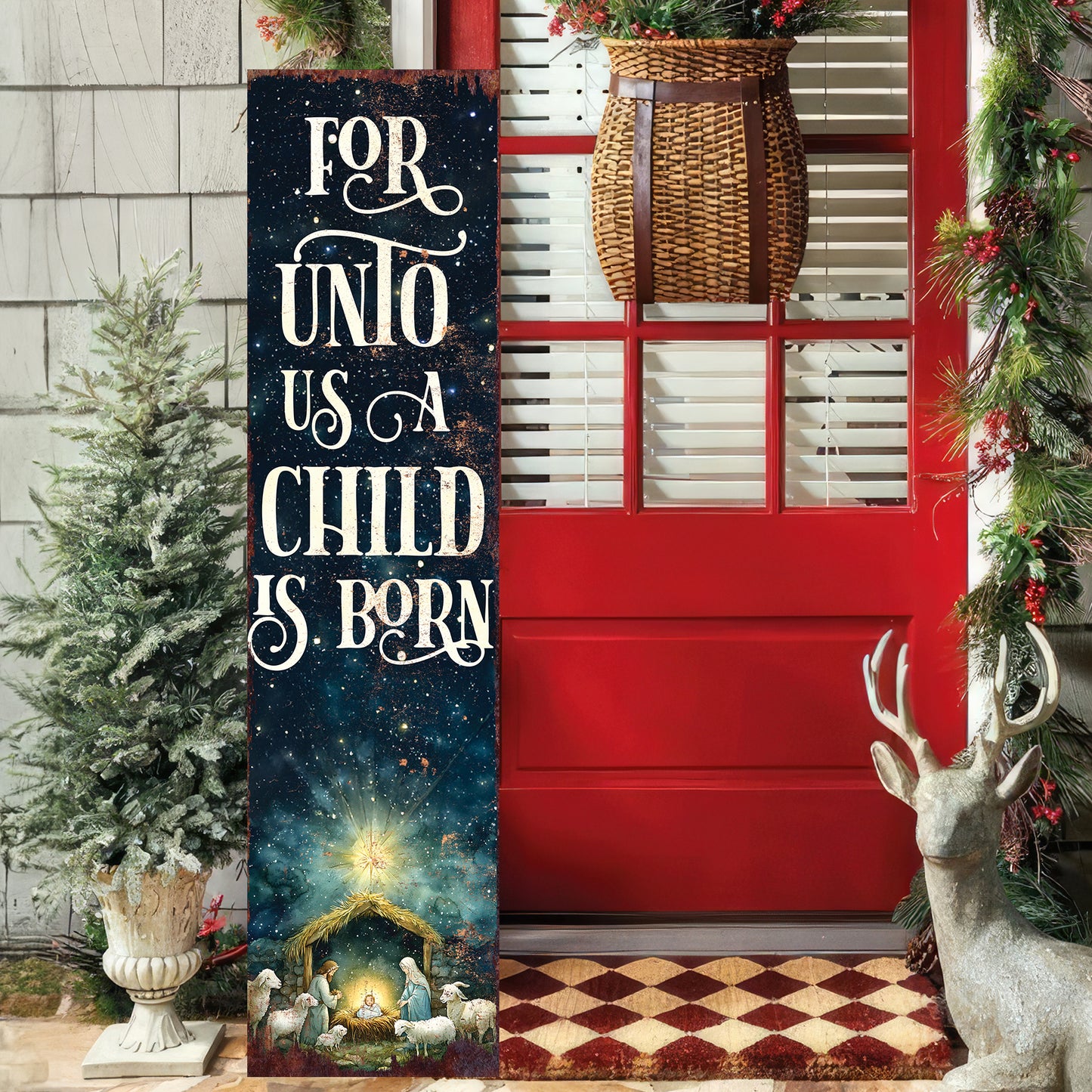 For Unto Us a Child is Born Religious Porch Sign | Christmas Front Porch Decor | Entryway Nativity Sign