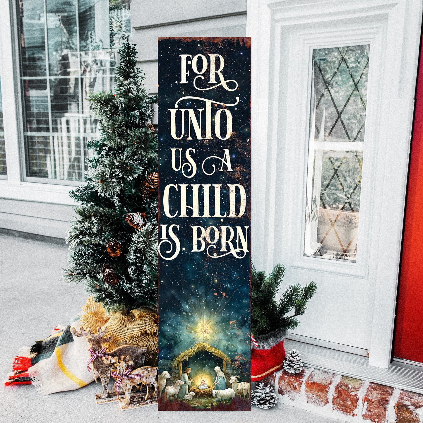 For Unto Us a Child is Born Religious Porch Sign | Christmas Front Porch Decor | Entryway Nativity Sign