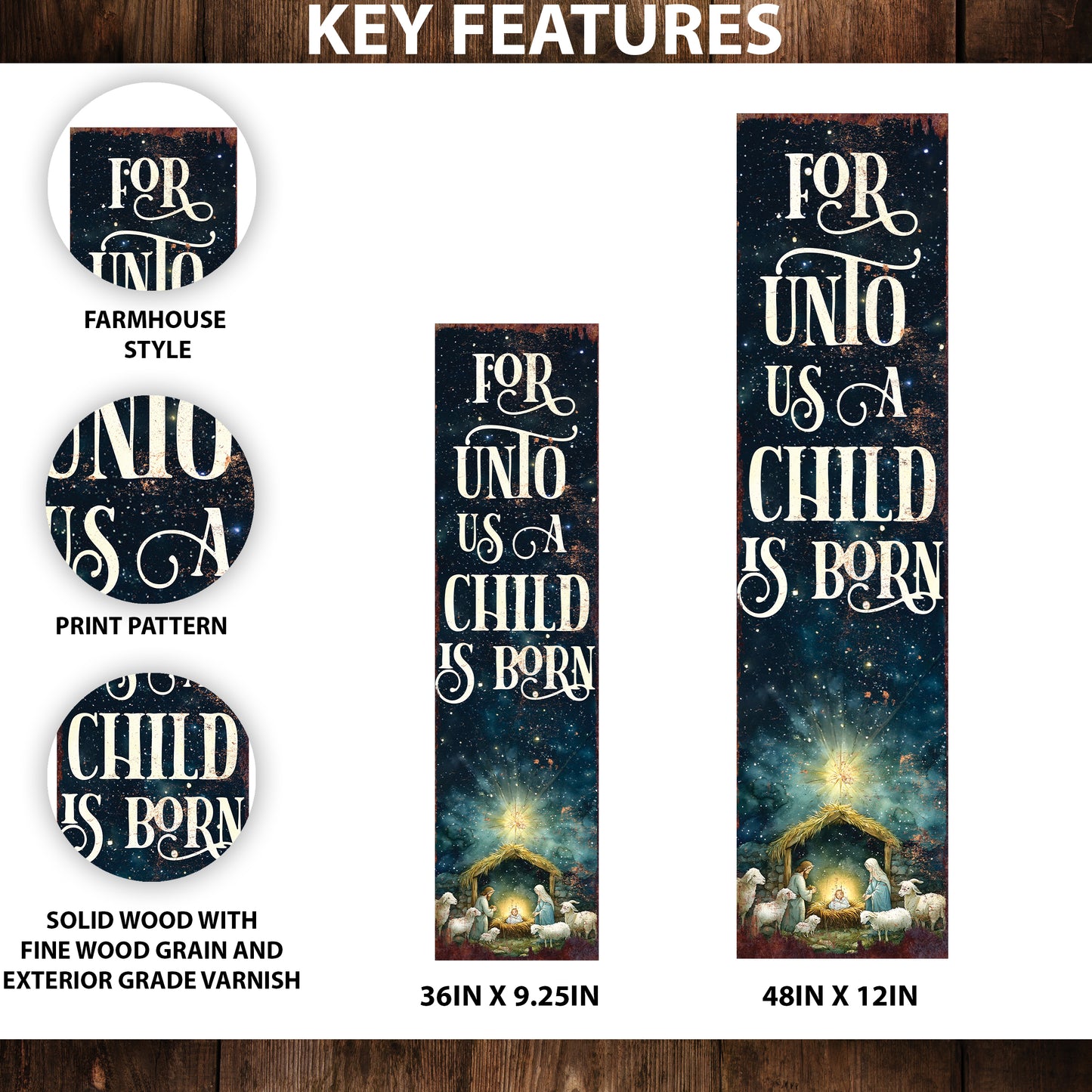 For Unto Us a Child is Born Religious Porch Sign | Christmas Front Porch Decor | Entryway Nativity Sign