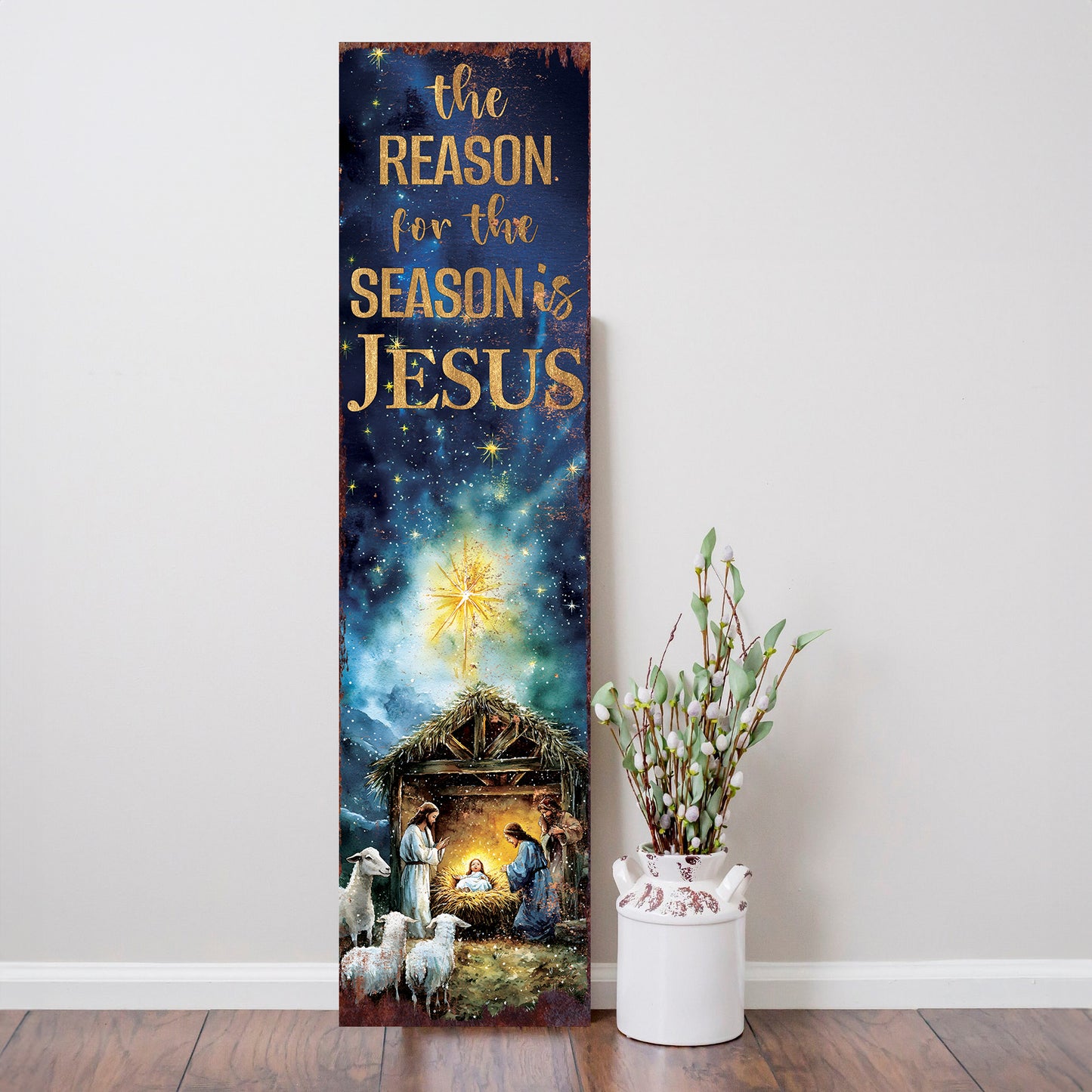 The Reason for the Season is Jesus Porch Sign | Religious Front Porch Decor | Nativity Entryway Sign