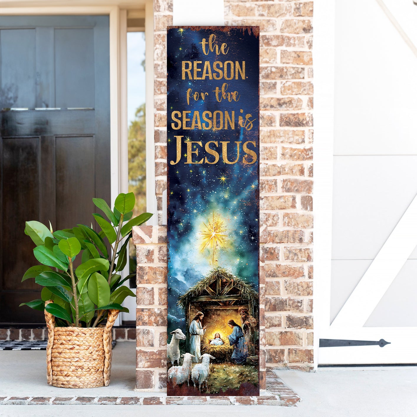 The Reason for the Season is Jesus Porch Sign | Religious Front Porch Decor | Nativity Entryway Sign