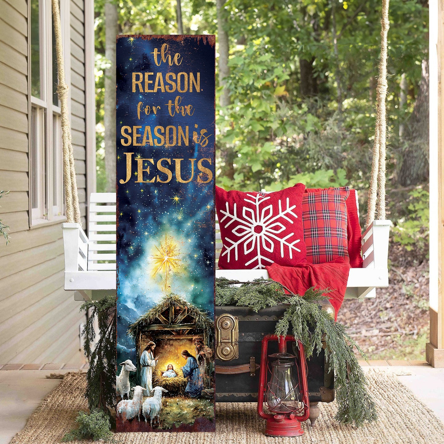 The Reason for the Season is Jesus Porch Sign | Religious Front Porch Decor | Nativity Entryway Sign