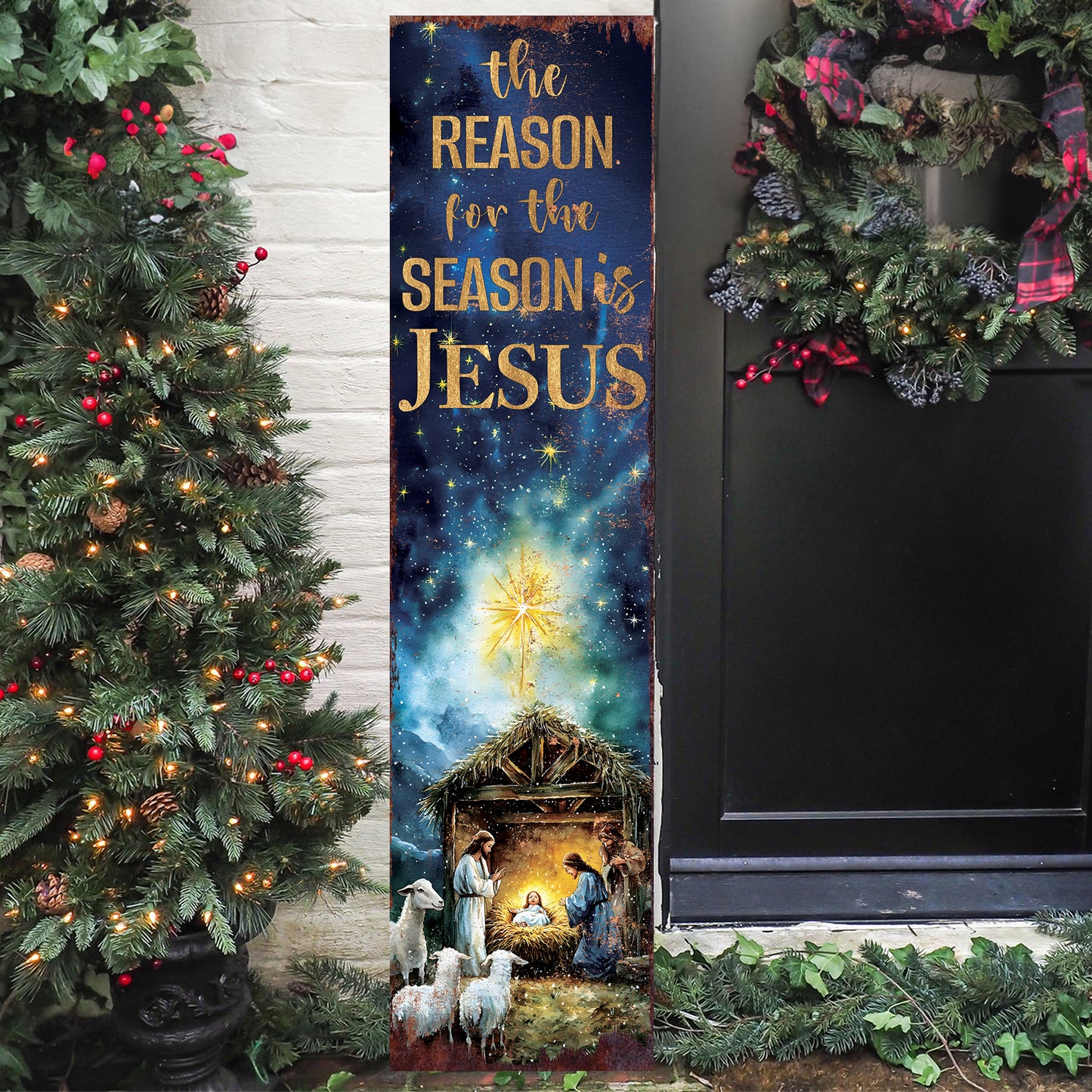 The Reason for the Season is Jesus Porch Sign | Religious Front Porch Decor | Nativity Entryway Sign