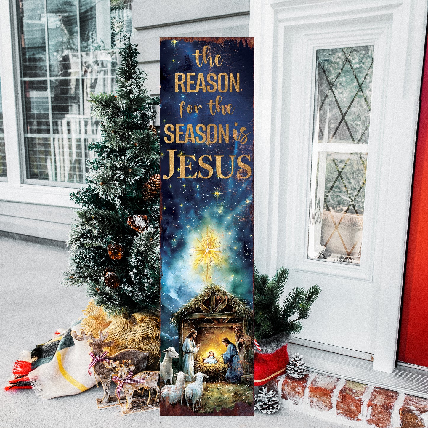 The Reason for the Season is Jesus Porch Sign | Religious Front Porch Decor | Nativity Entryway Sign