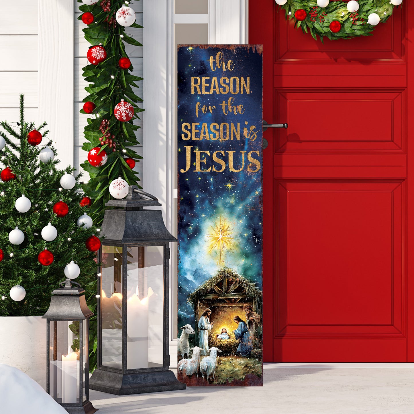 The Reason for the Season is Jesus Porch Sign | Religious Front Porch Decor | Nativity Entryway Sign