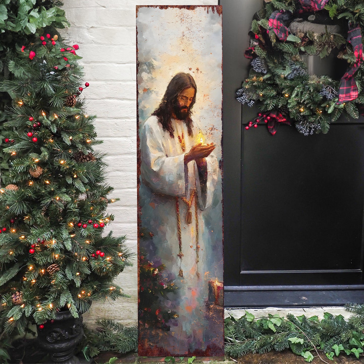 Jesus Christ Religious Porch Sign | Front Porch Plaque | Holiday Entryway Wooden Decor | Wood, UV Print | 3 Sizes