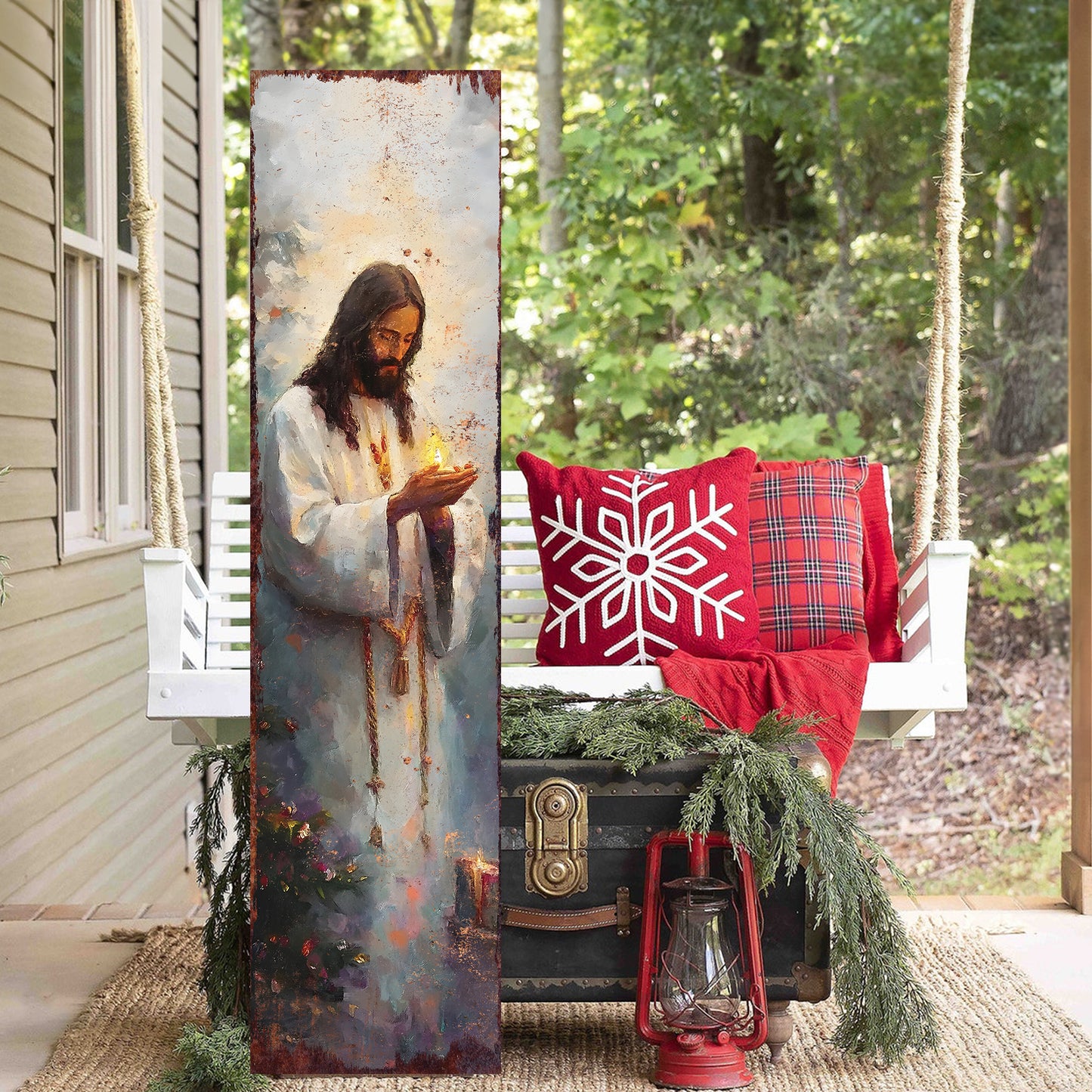 Jesus Christ Religious Porch Sign | Front Porch Plaque | Holiday Entryway Wooden Decor | Wood, UV Print | 3 Sizes