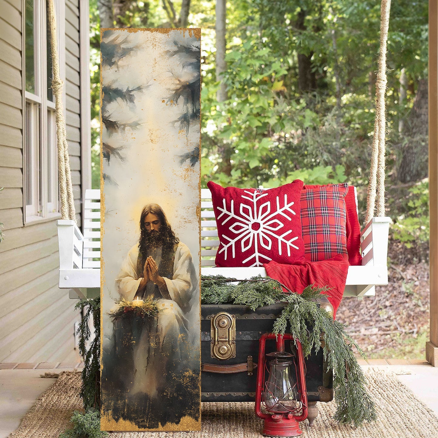 Jesus Christ Religious Porch Sign | Wooden Front Porch Plaque | Holiday Entryway Decor | UV Print | 3 Sizes