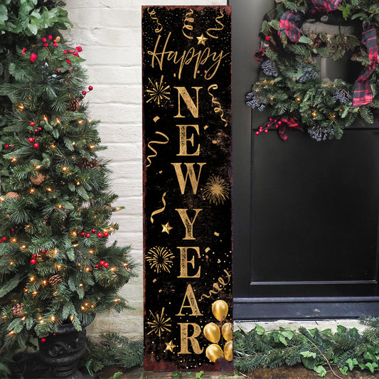 Happy New Year Porch Sign | Front Porch Plaque | Holiday Entryway Decor | Wood, UV Print | 3 Sizes