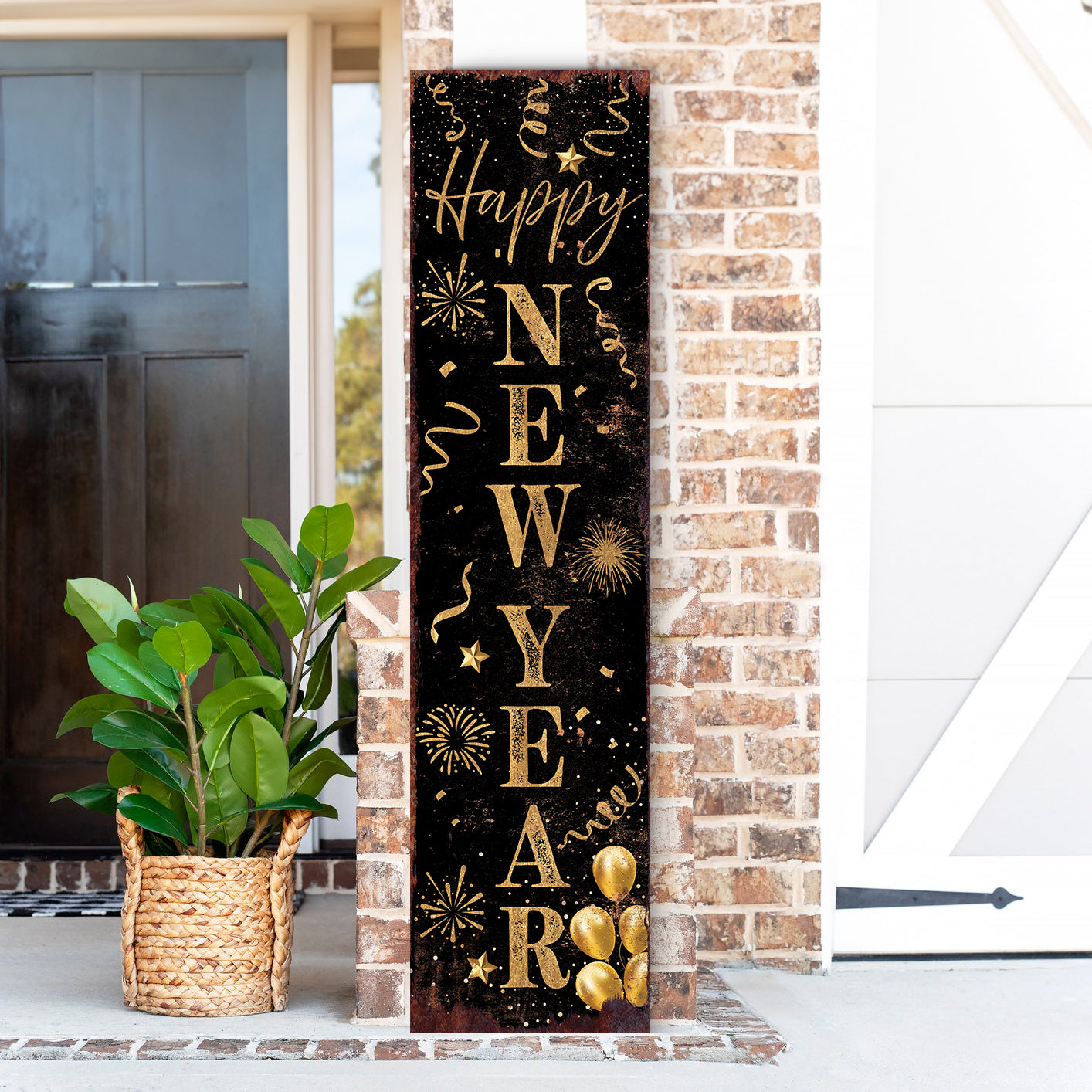 Happy New Year Porch Sign | Front Porch Plaque | Holiday Entryway Decor | Wood, UV Print | 3 Sizes