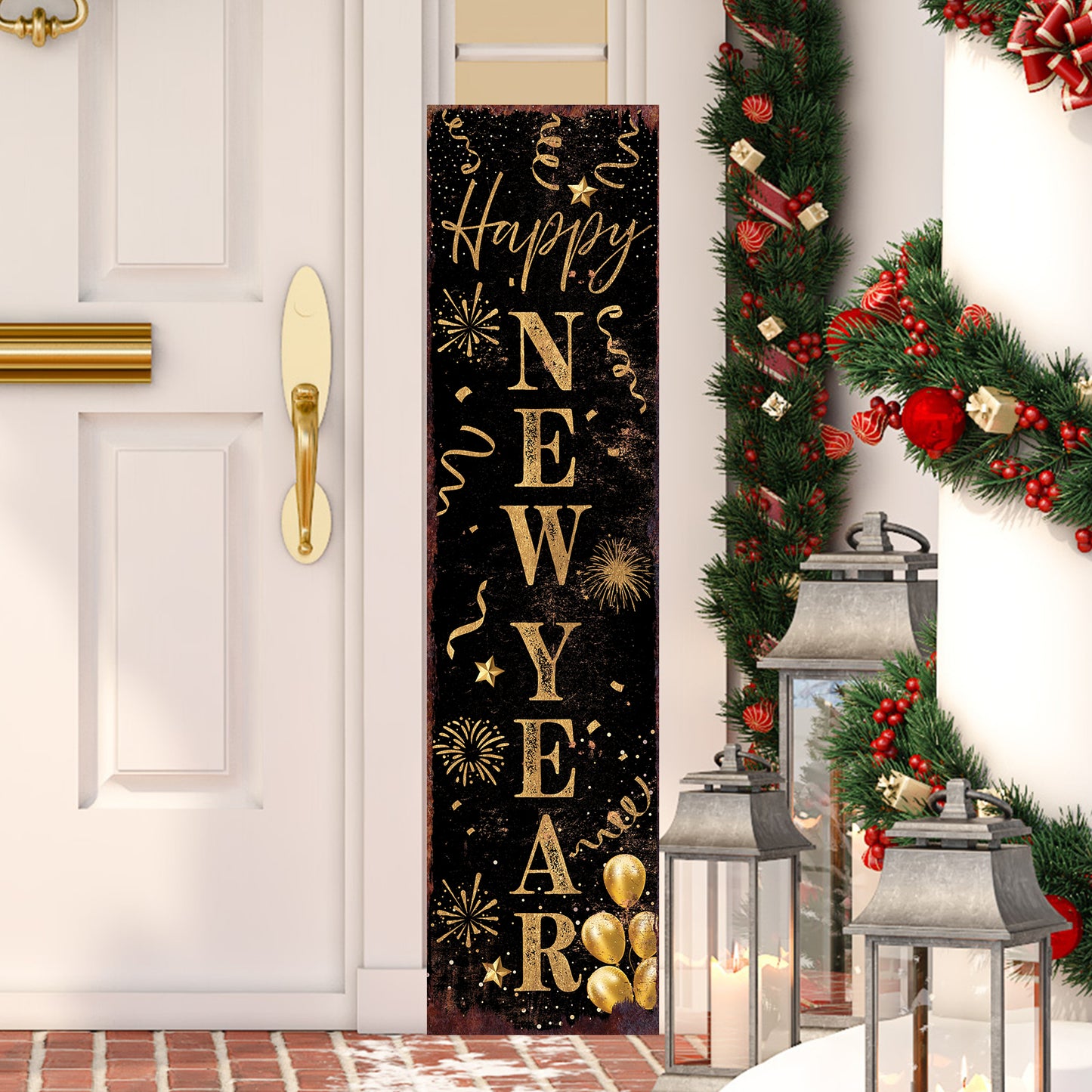 Happy New Year Porch Sign | Front Porch Plaque | Holiday Entryway Decor | Wood, UV Print | 3 Sizes