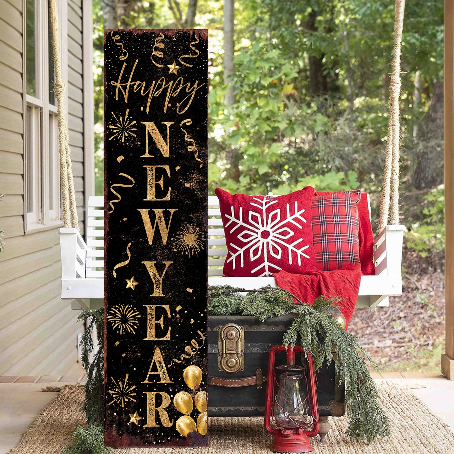 Happy New Year Porch Sign | Front Porch Plaque | Holiday Entryway Decor | Wood, UV Print | 3 Sizes