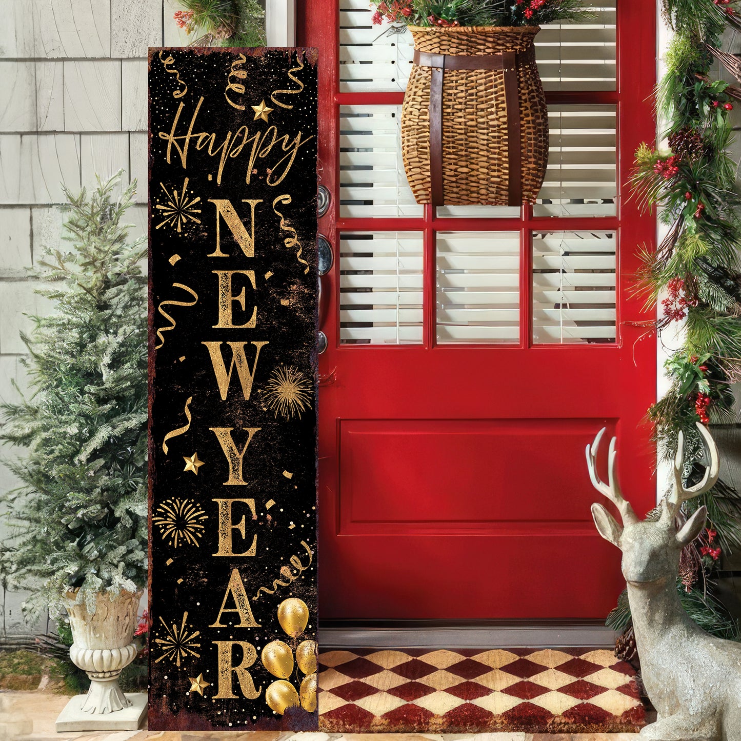 Happy New Year Porch Sign | Front Porch Plaque | Holiday Entryway Decor | Wood, UV Print | 3 Sizes