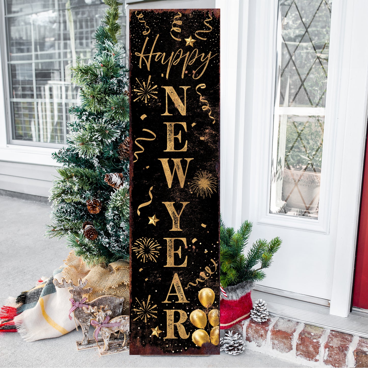 Happy New Year Porch Sign | Front Porch Plaque | Holiday Entryway Decor | Wood, UV Print | 3 Sizes