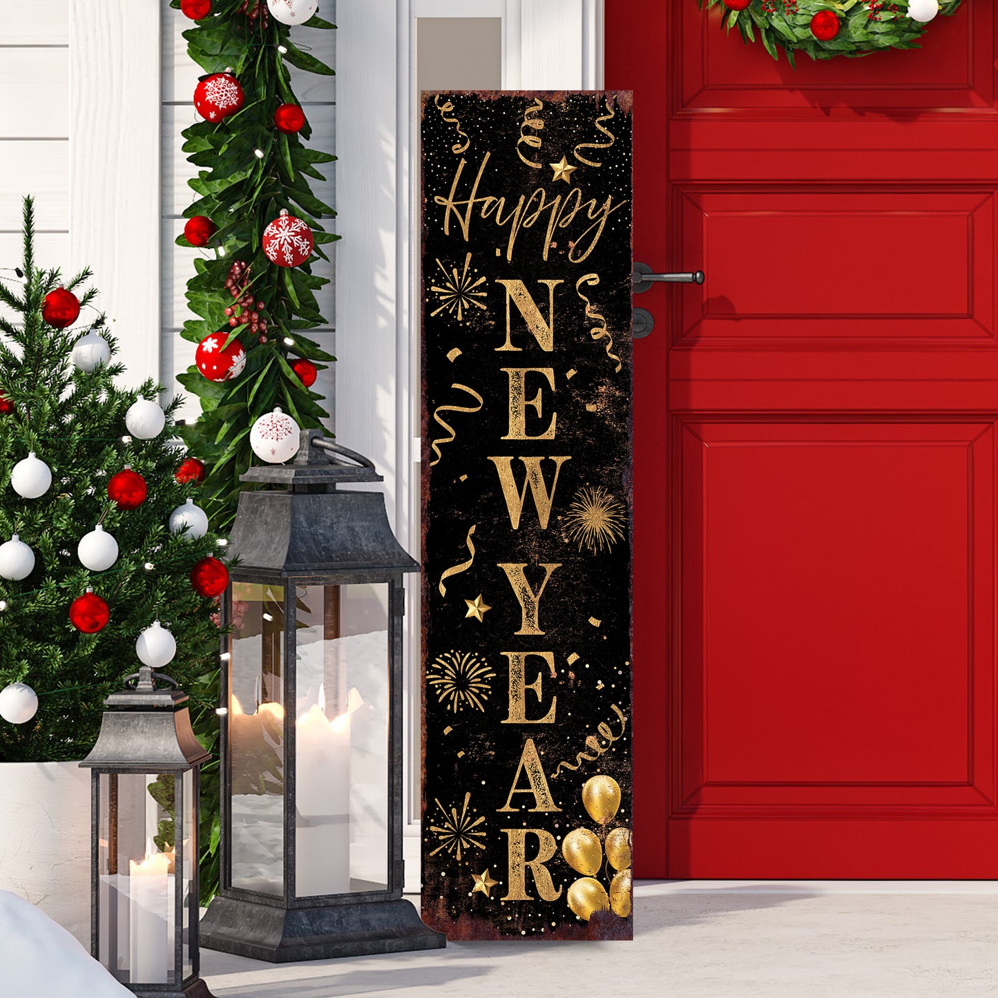 Happy New Year Porch Sign | Front Porch Plaque | Holiday Entryway Decor | Wood, UV Print | 3 Sizes