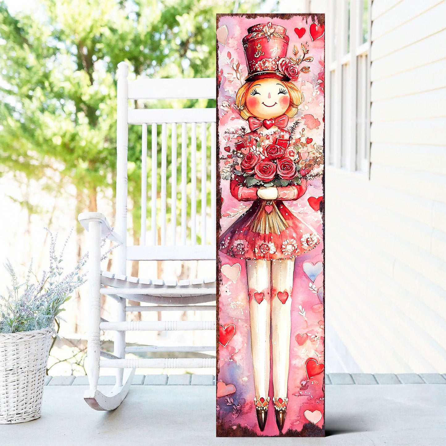 Valentine’s Day Girl Nutcracker Porch Sign | Front Porch Plaque | Wooden Entryway Decor | UV Print | 3 Sizes