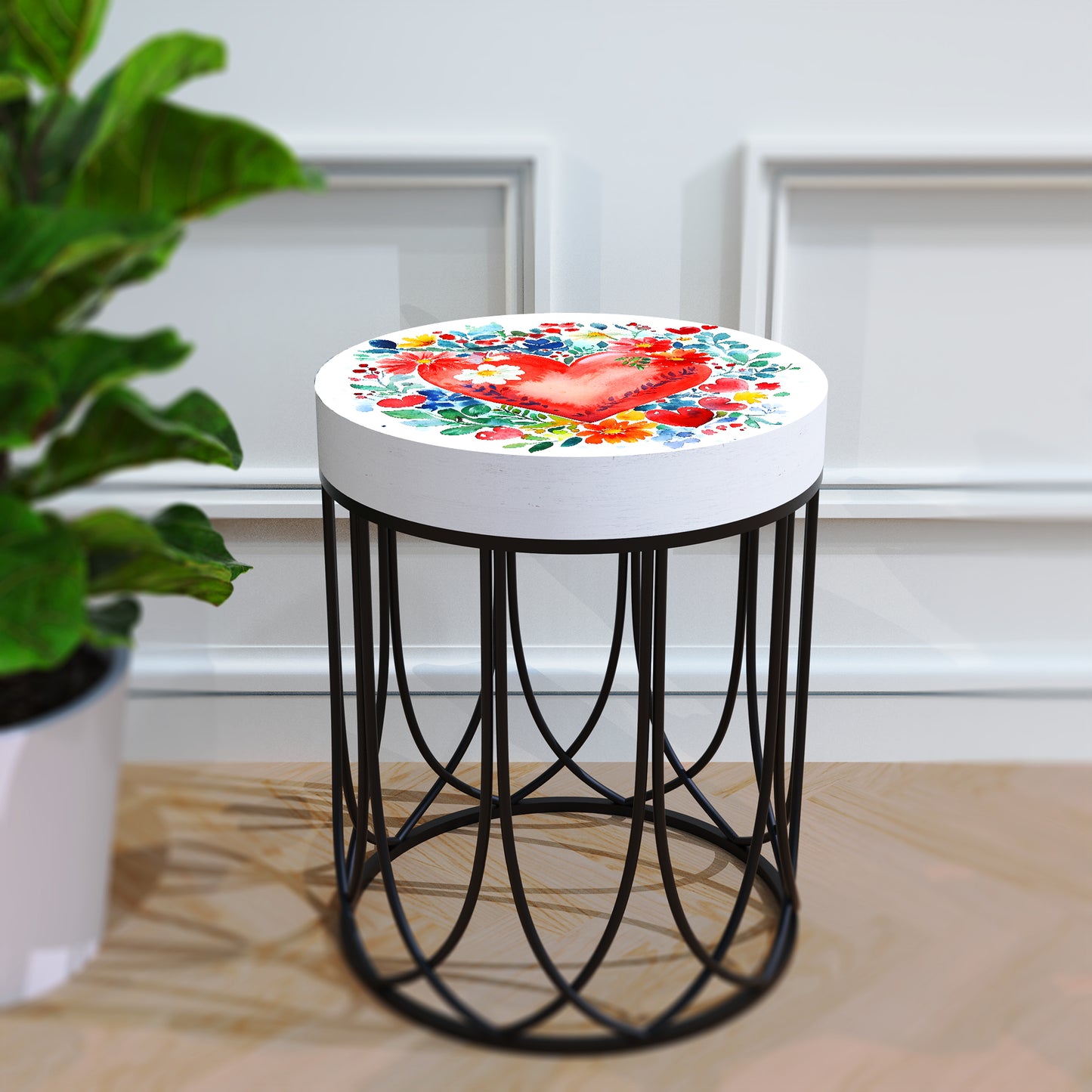 Valentine’s Day Accent Table | Round End Table for Indoor | UV Print Side Table | Wood & Metal | Valentine’s Botanicals Design | 3 Sizes