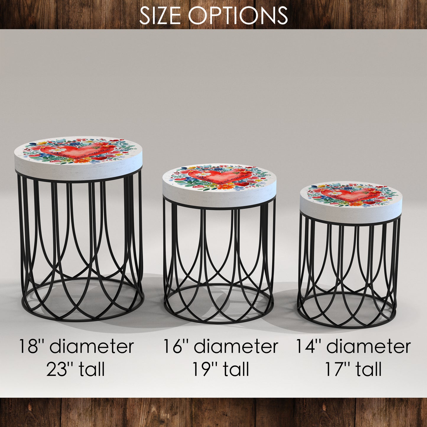 Valentine’s Day Accent Table | Round End Table for Indoor | UV Print Side Table | Wood & Metal | Valentine’s Botanicals Design | 3 Sizes