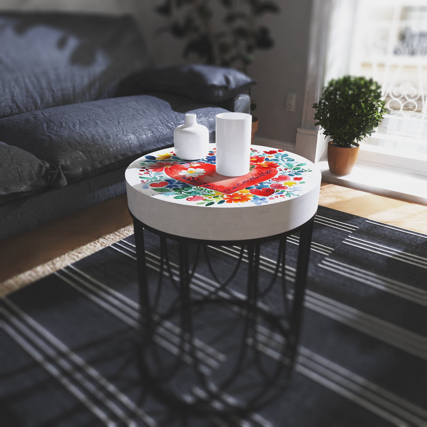 Valentine’s Day Accent Table | Round End Table for Indoor | UV Print Side Table | Wood & Metal | Valentine’s Botanicals Design | 3 Sizes