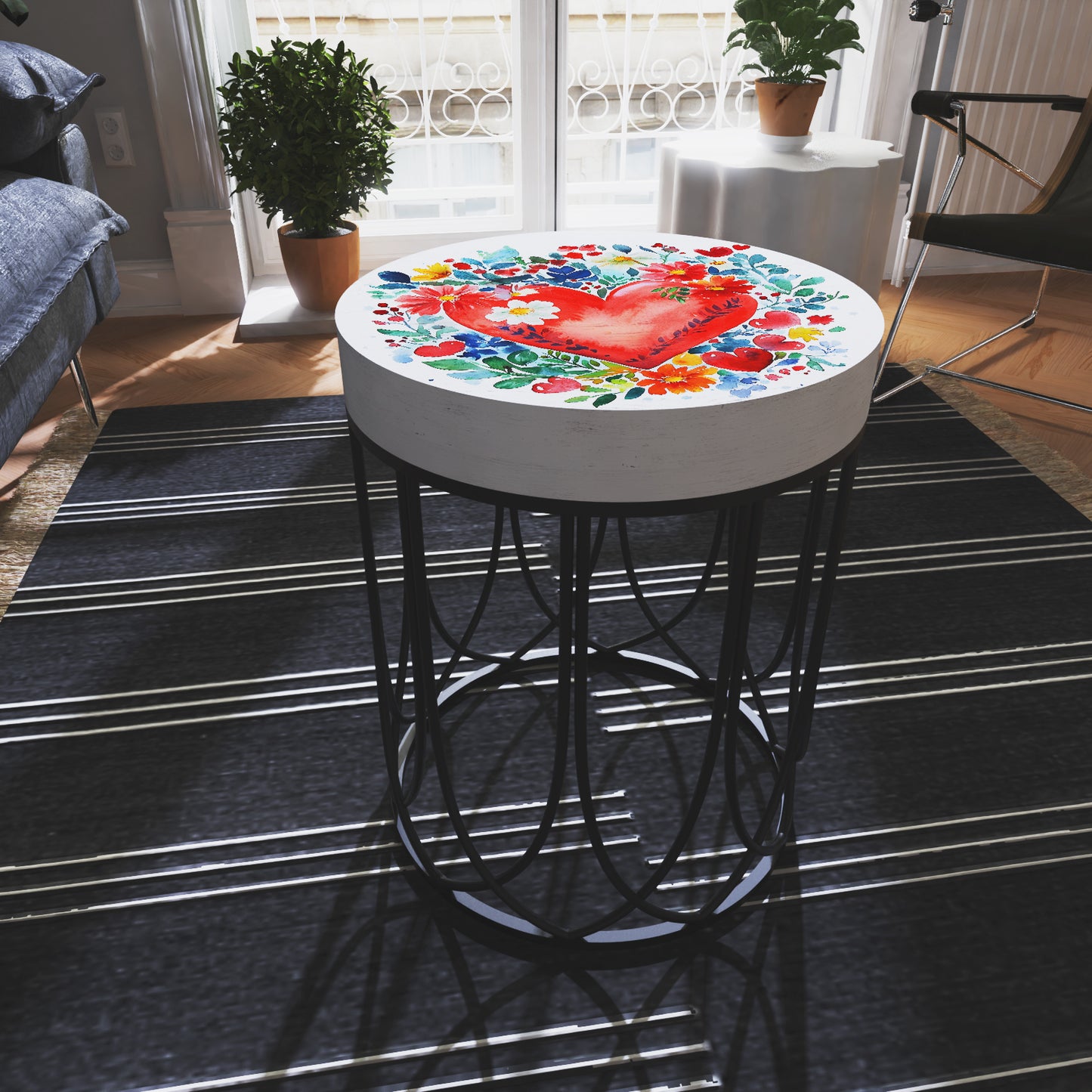 Valentine’s Day Accent Table | Round End Table for Indoor | UV Print Side Table | Wood & Metal | Valentine’s Botanicals Design | 3 Sizes