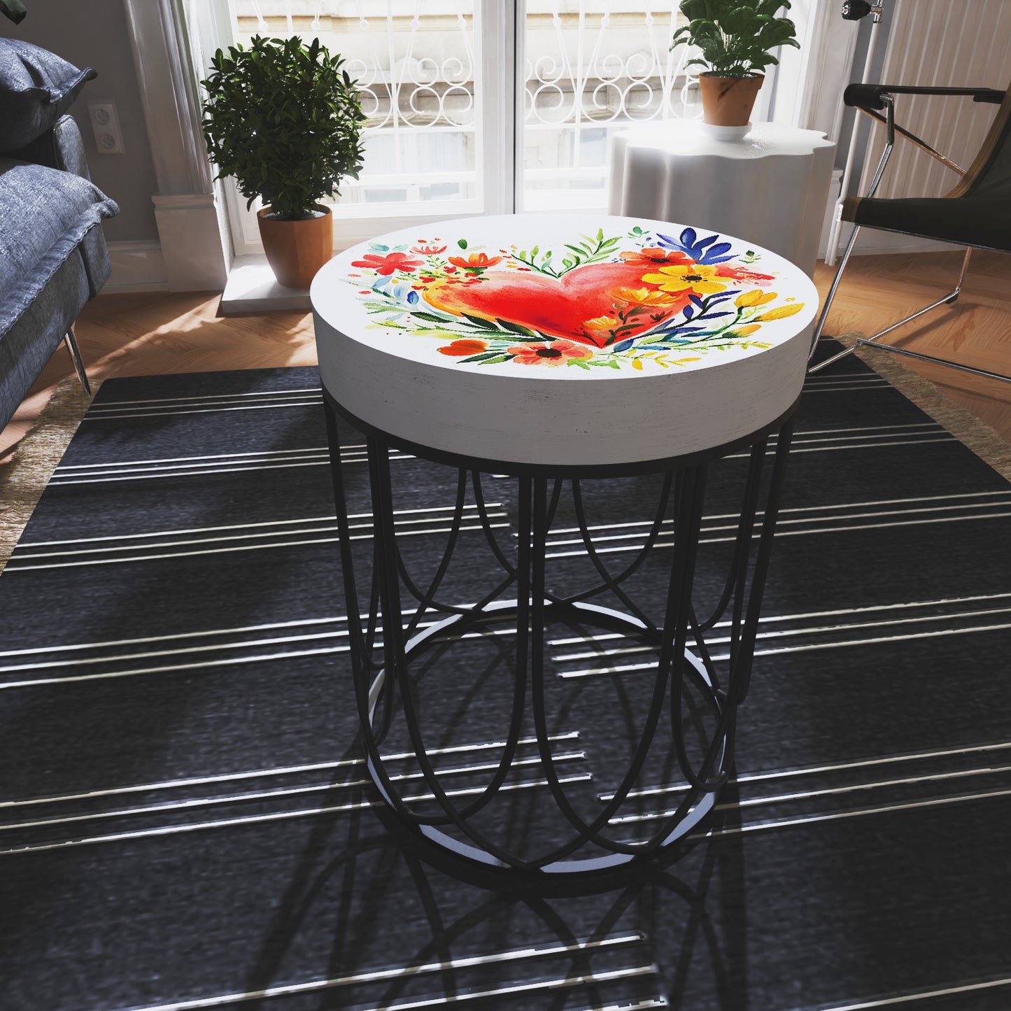 Valentine’s Day Accent Table | Round End Table for Indoor | UV Print Side Table | Wood & Metal | Valentine’s Botanicals Design | 3 Sizes