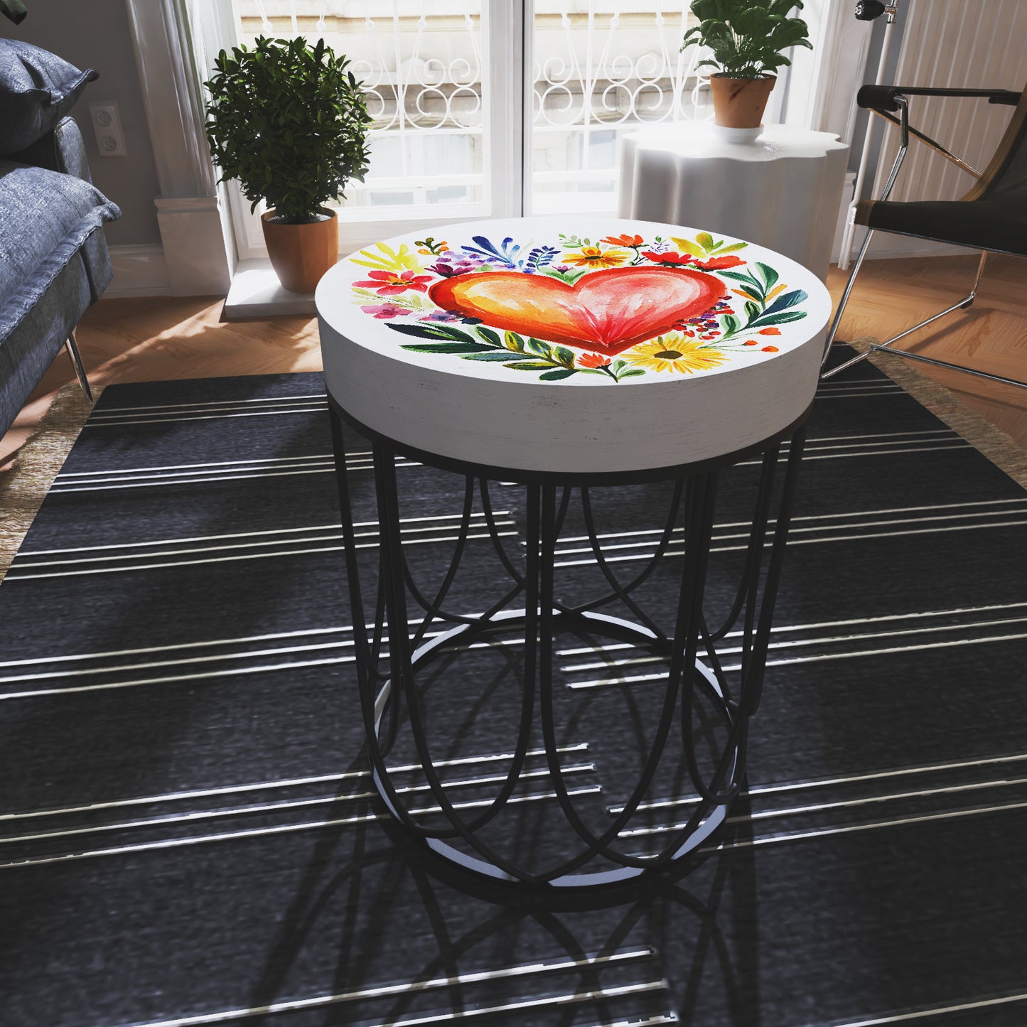 Valentine’s Day Accent Table | Round End Table for Indoor | UV Print Side Table | Wood & Metal | Valentine’s Botanicals Design | 3 Sizes