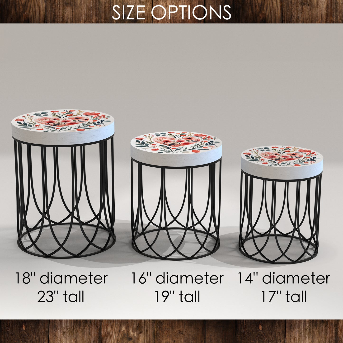 Valentine’s Day Accent Table | Round End Table for Indoor | UV Print Side Table | Wood & Metal | Valentine’s Botanicals Design | 3 Sizes