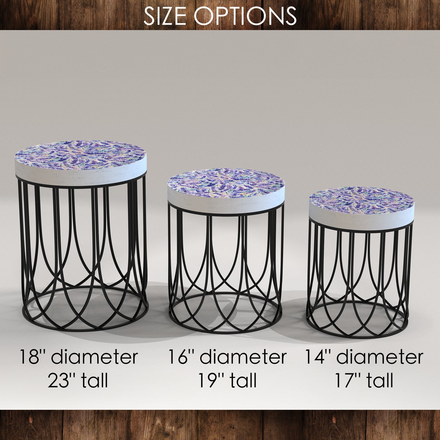 Spring Lavender Accent Table | Round End Table for Indoor | UV Print Side Table | Wood & Metal | Spring Botanicals Design | 3 Sizes