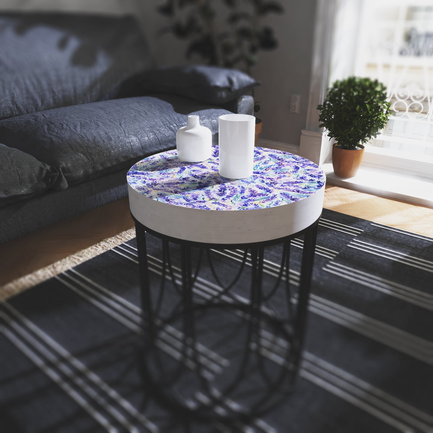 Spring Lavender Accent Table | Round End Table for Indoor | UV Print Side Table | Wood & Metal | Spring Botanicals Design | 3 Sizes