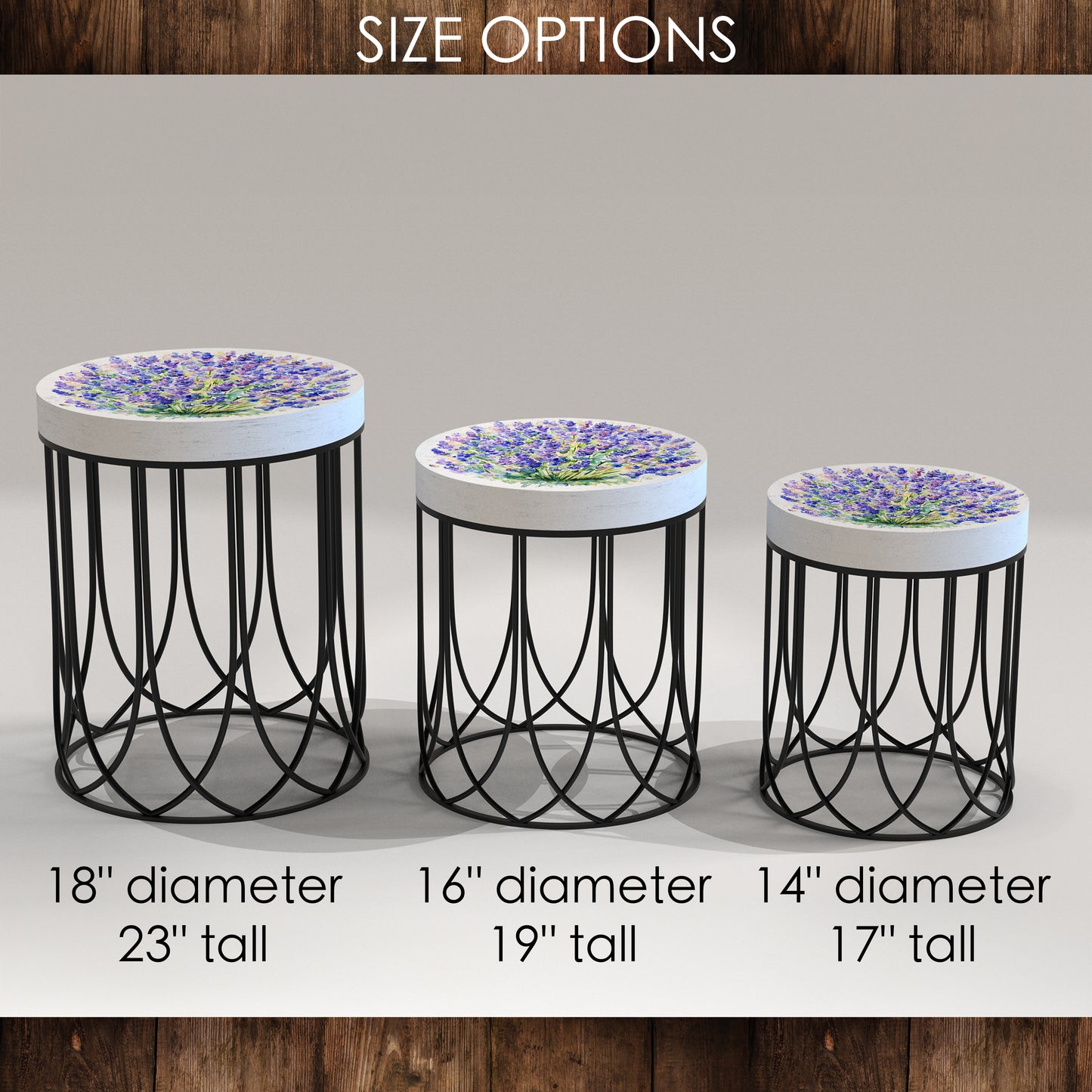 Spring Lavender Accent Table | Round End Table for Indoor | UV Print Side Table | Wood & Metal | Spring Botanicals Design | 3 Sizes